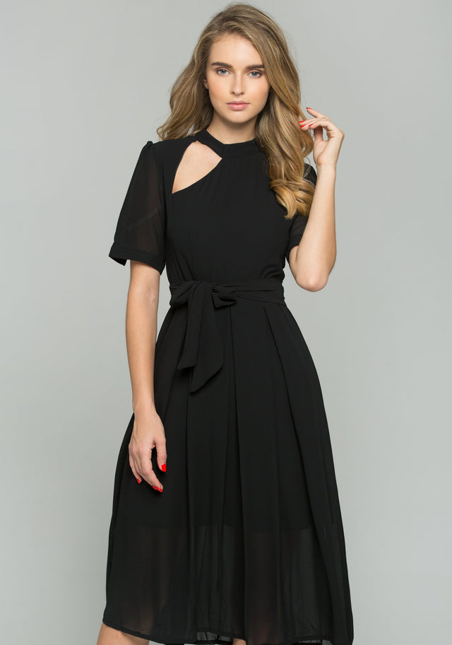 Black Chiffon Cut-out Sleeved Front Ribbon Strap Sheath Midi Dress
