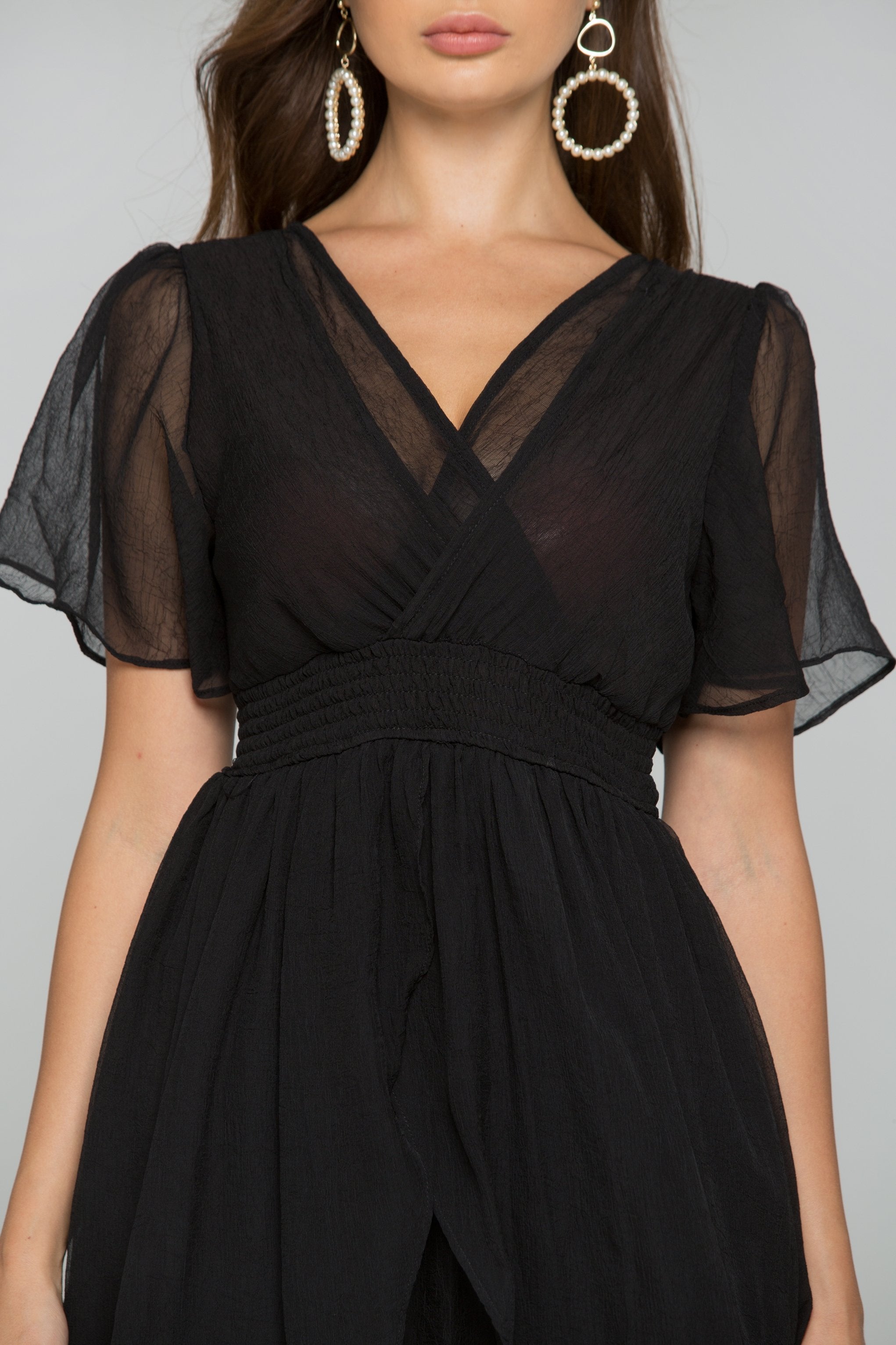 Black Chiffon Deep V-Neck Ruched Pleat Waistband Ruffled Midi Dress