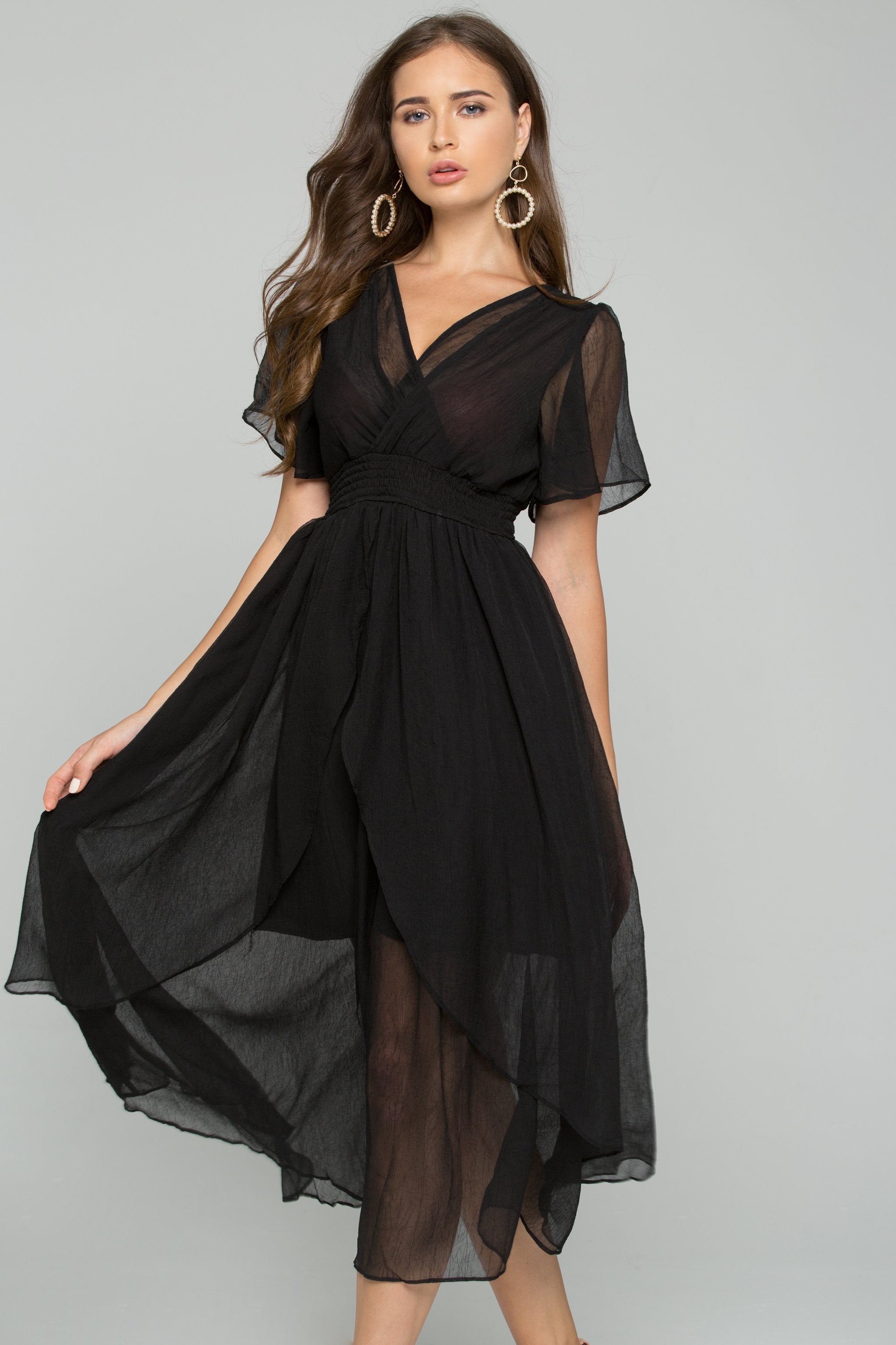 Black Chiffon Deep V-Neck Ruched Pleat Waistband Ruffled Midi Dress