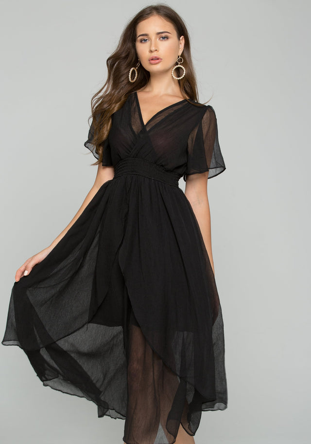 Black Chiffon Deep V-Neck Ruched Pleat Waistband Ruffled Midi Dress