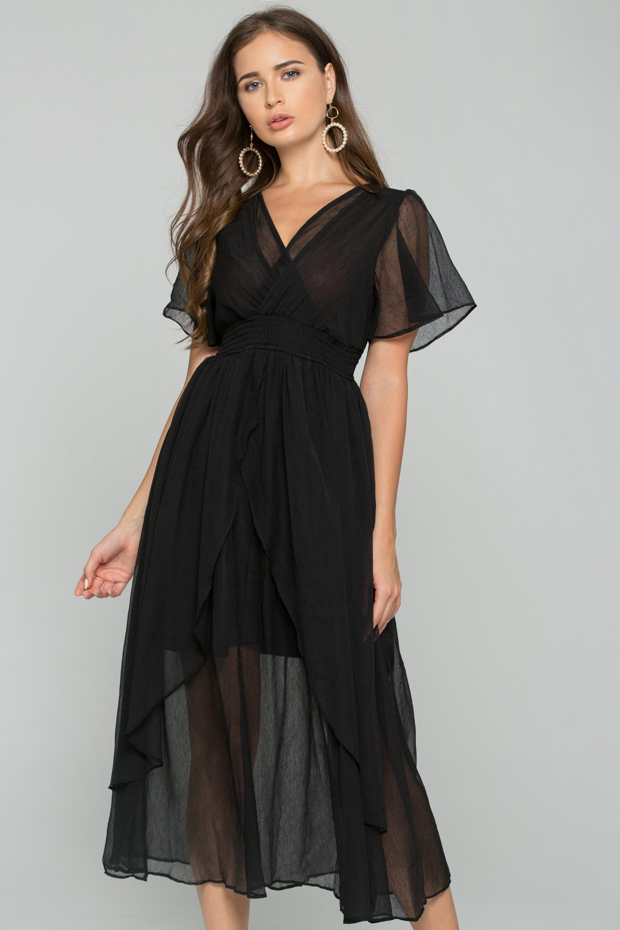 Black Chiffon Deep V-Neck Ruched Pleat Waistband Ruffled Midi Dress