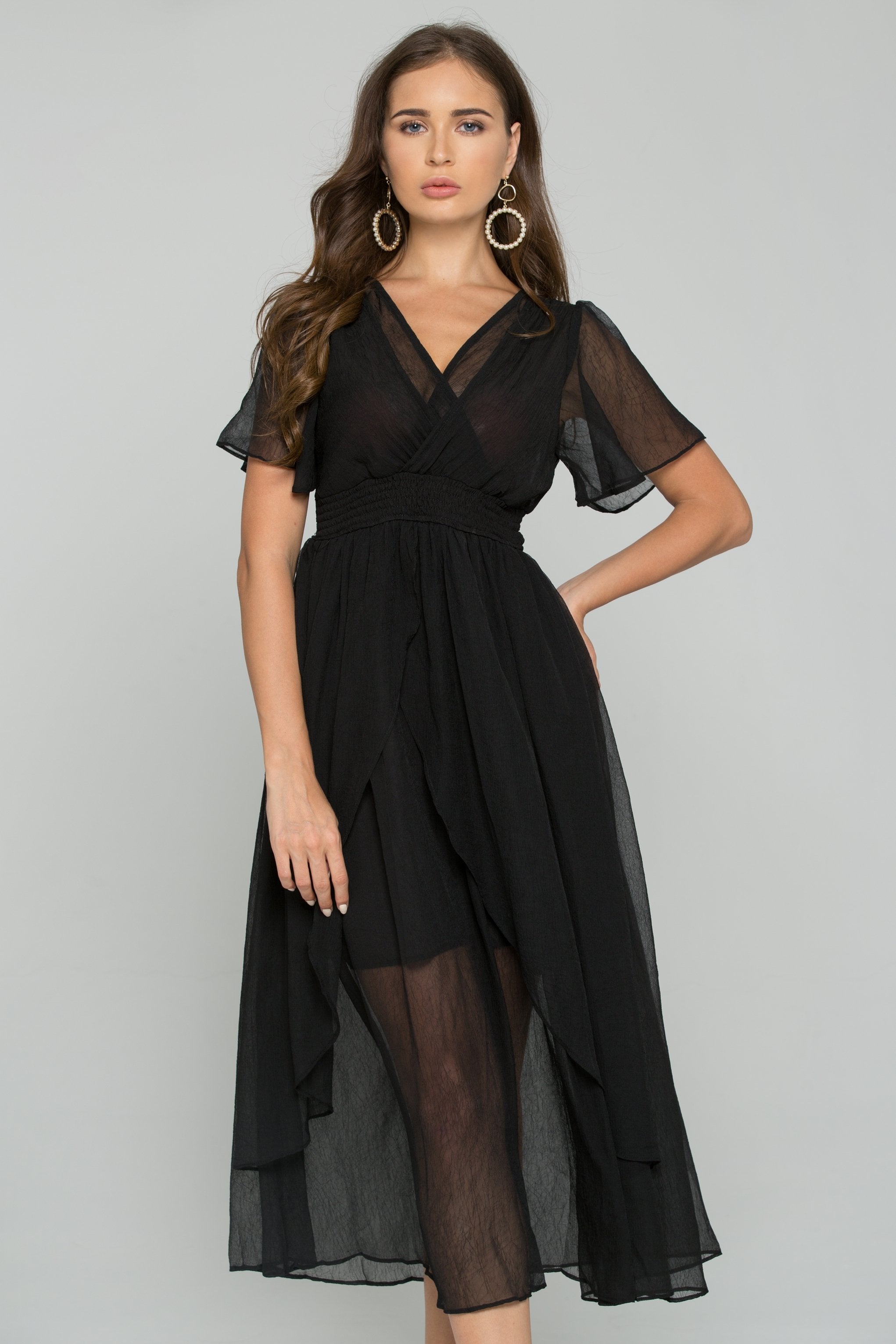 Black Chiffon Deep V-Neck Ruched Pleat Waistband Ruffled Midi Dress