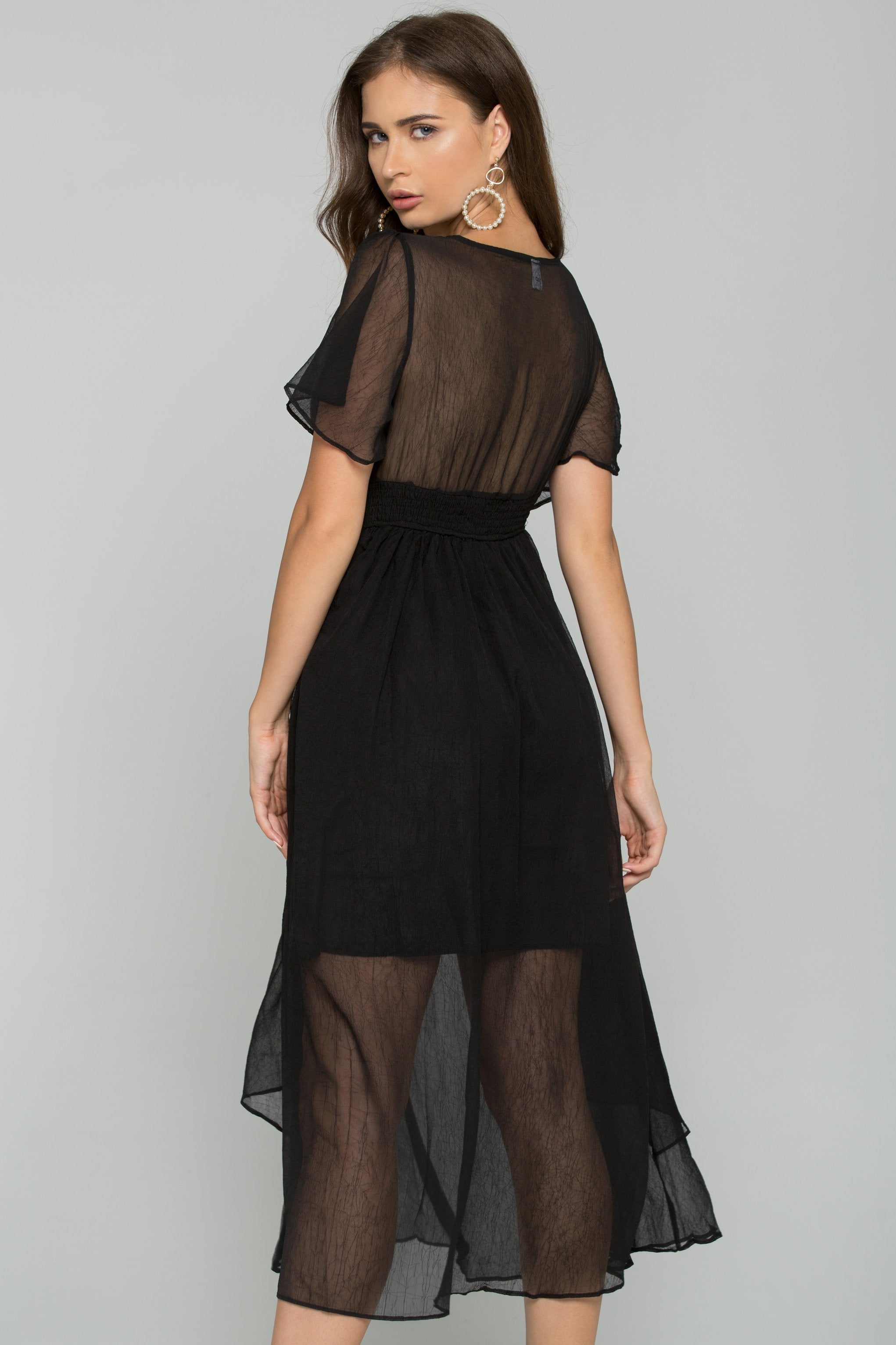 Black Chiffon Deep V-Neck Ruched Pleat Waistband Ruffled Midi Dress
