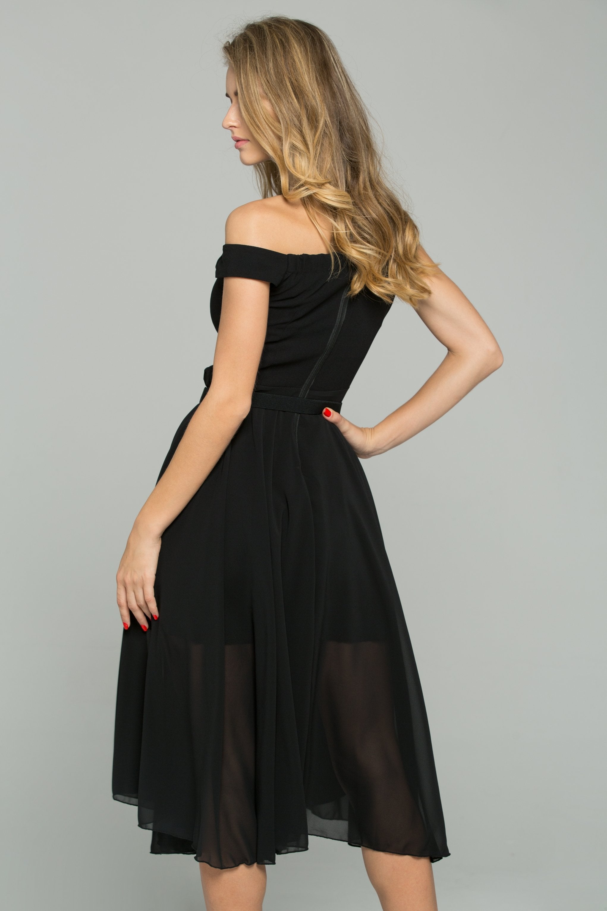 Black Chiffon Double Layer Off-The-Shoulder A-Line Midi Dress