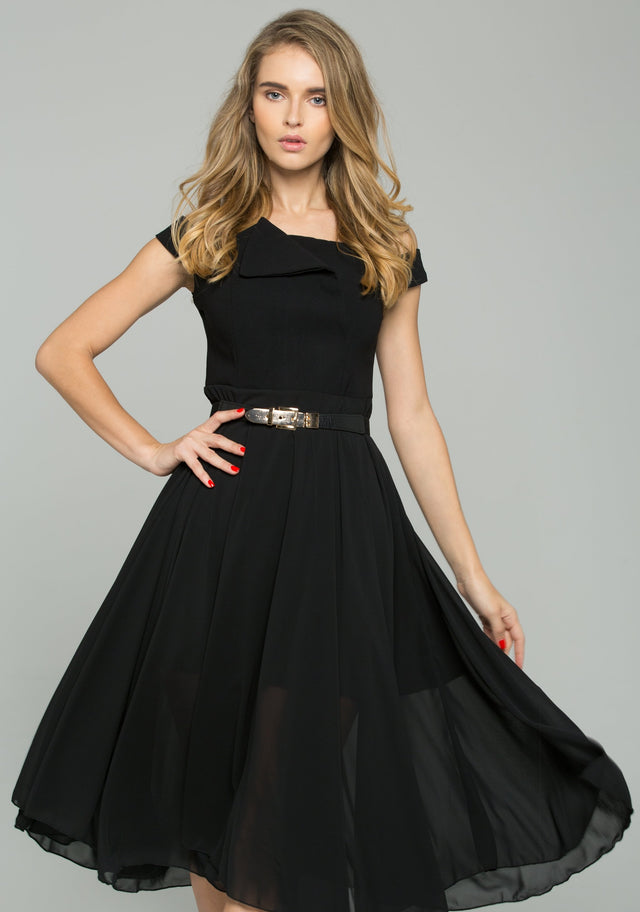 Black Chiffon Double Layer Off-The-Shoulder A-Line Midi Dress