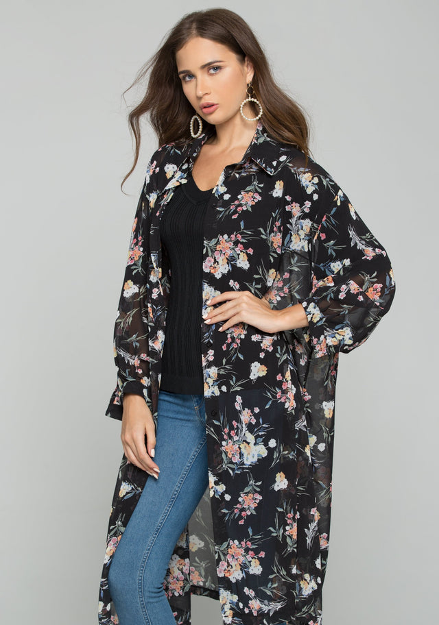 Black Chiffon Floral Print Hijab Long Sleeved Shirt