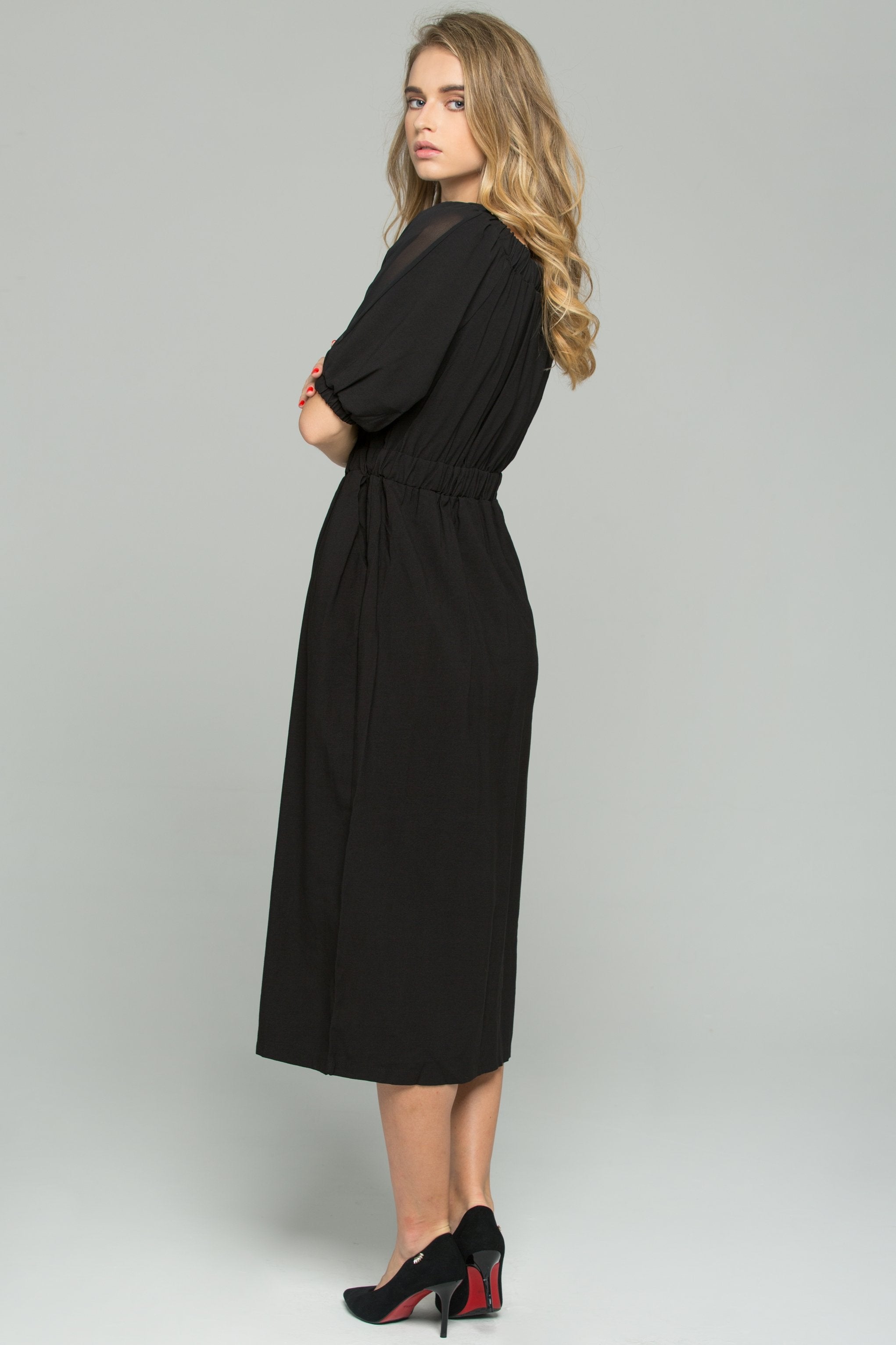 Black Chiffon Ruched Pleat Off-The-Shoulder Button-Down Long-Sleeved Midi Dress