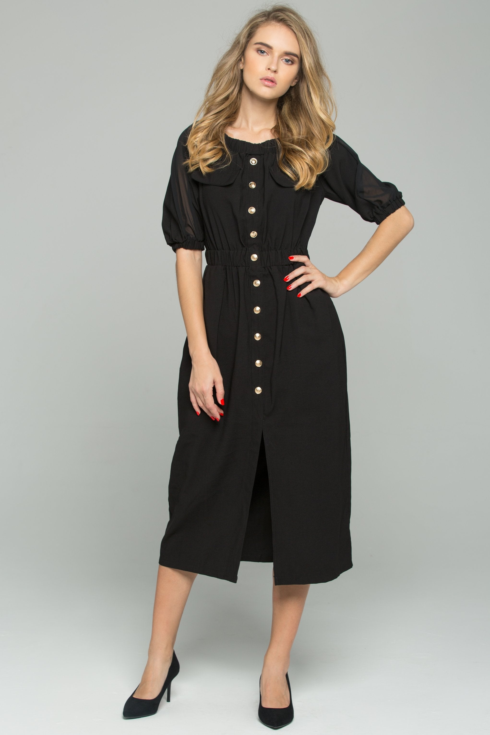 Black Chiffon Ruched Pleat Off-The-Shoulder Button-Down Long-Sleeved Midi Dress