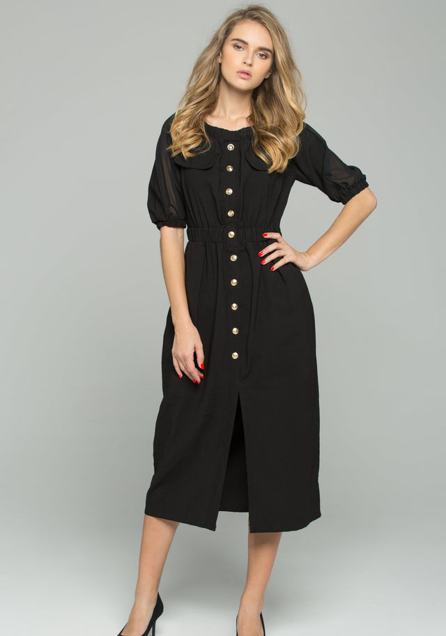 Black Chiffon Ruched Pleat Off-The-Shoulder Button-Down Long-Sleeved Midi Dress