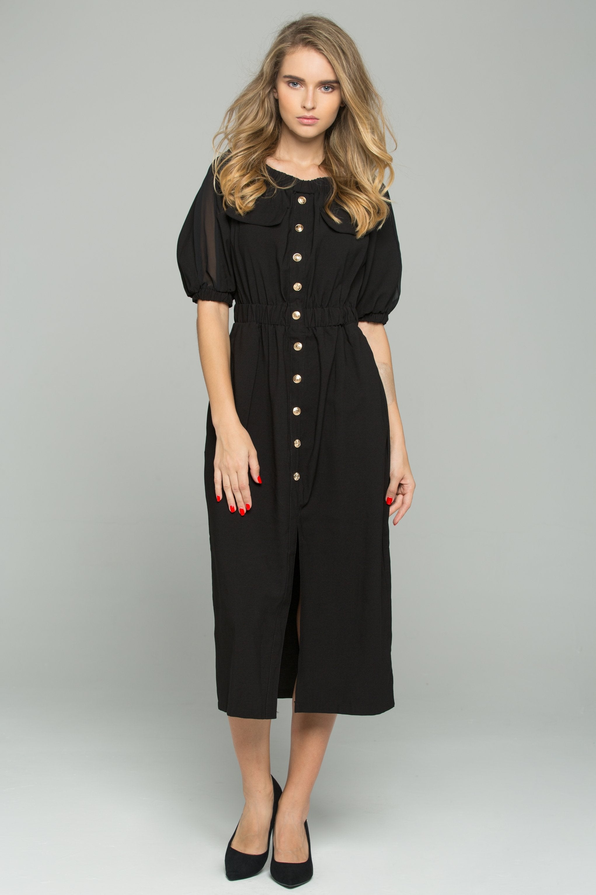 Black Chiffon Ruched Pleat Off-The-Shoulder Button-Down Long-Sleeved Midi Dress