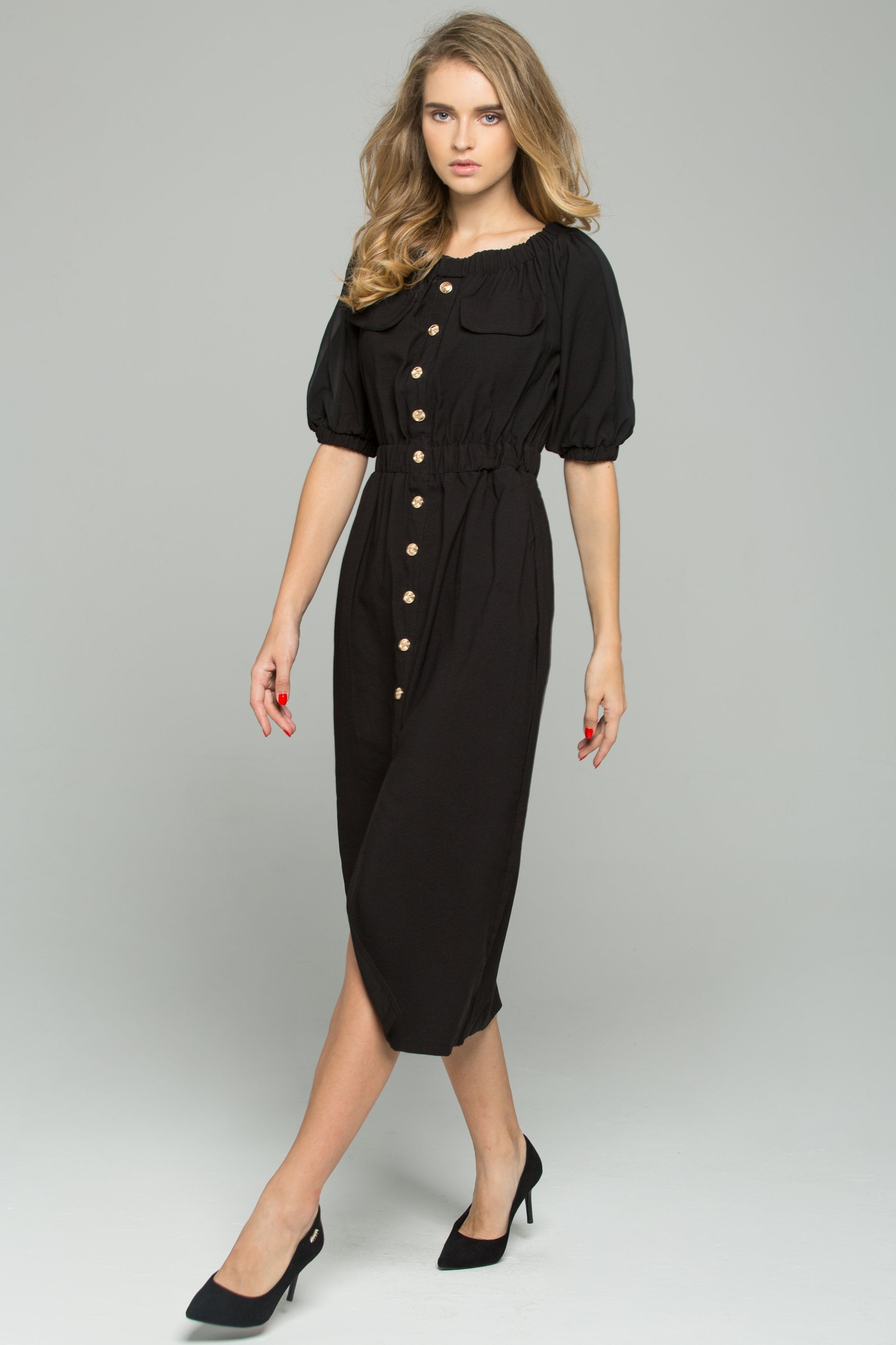 Black Chiffon Ruched Pleat Off-The-Shoulder Button-Down Long-Sleeved Midi Dress