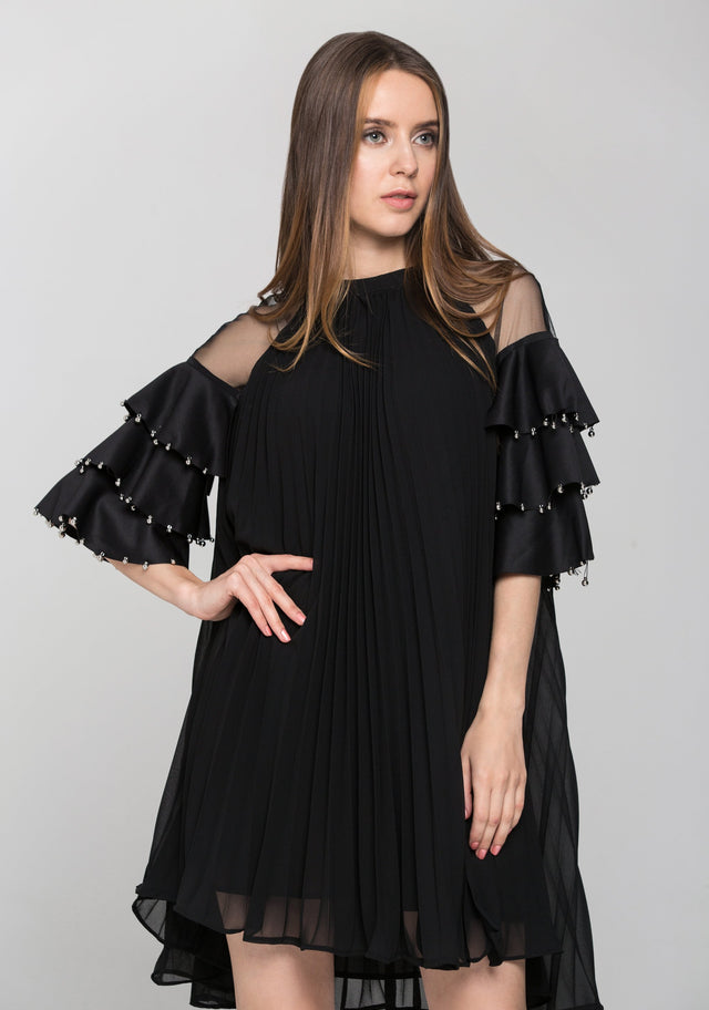 Black Chiffon Tiered Sleeves Pleated Tent Midi Dress