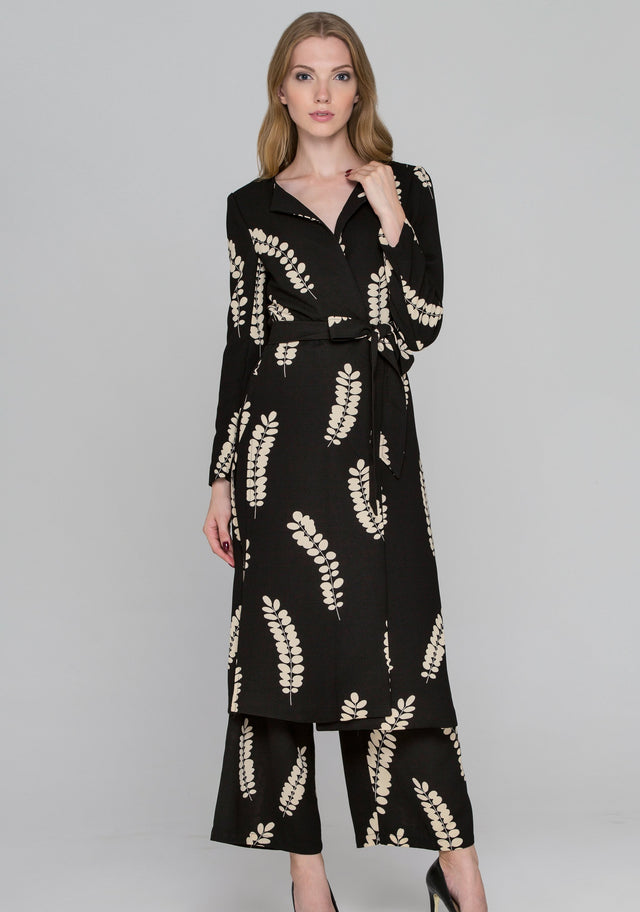 Black Coffee Leaf Print Long Blazer and Pants Set