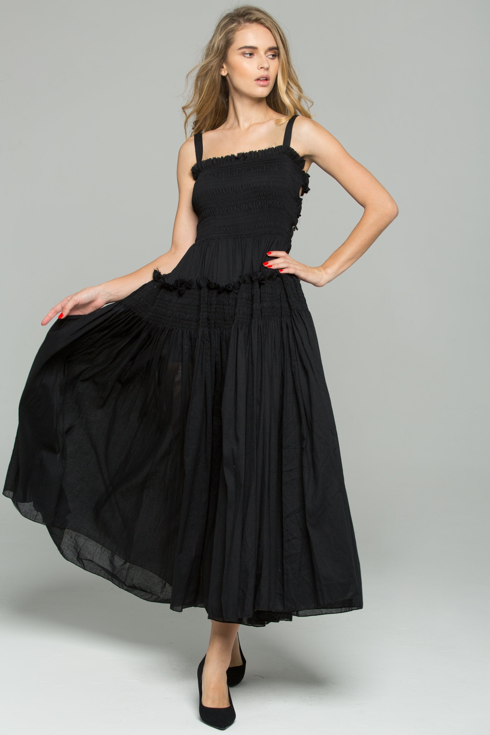 Black Cotton Ruched Pleat Sun Maxi Dress