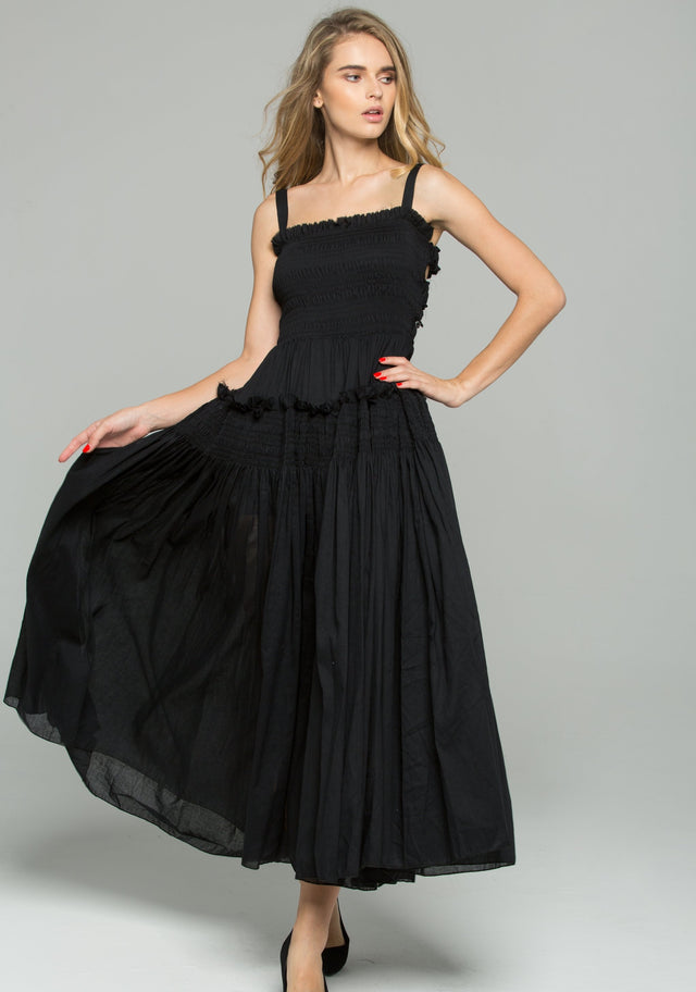 Black Cotton Ruched Pleat Sun Maxi Dress