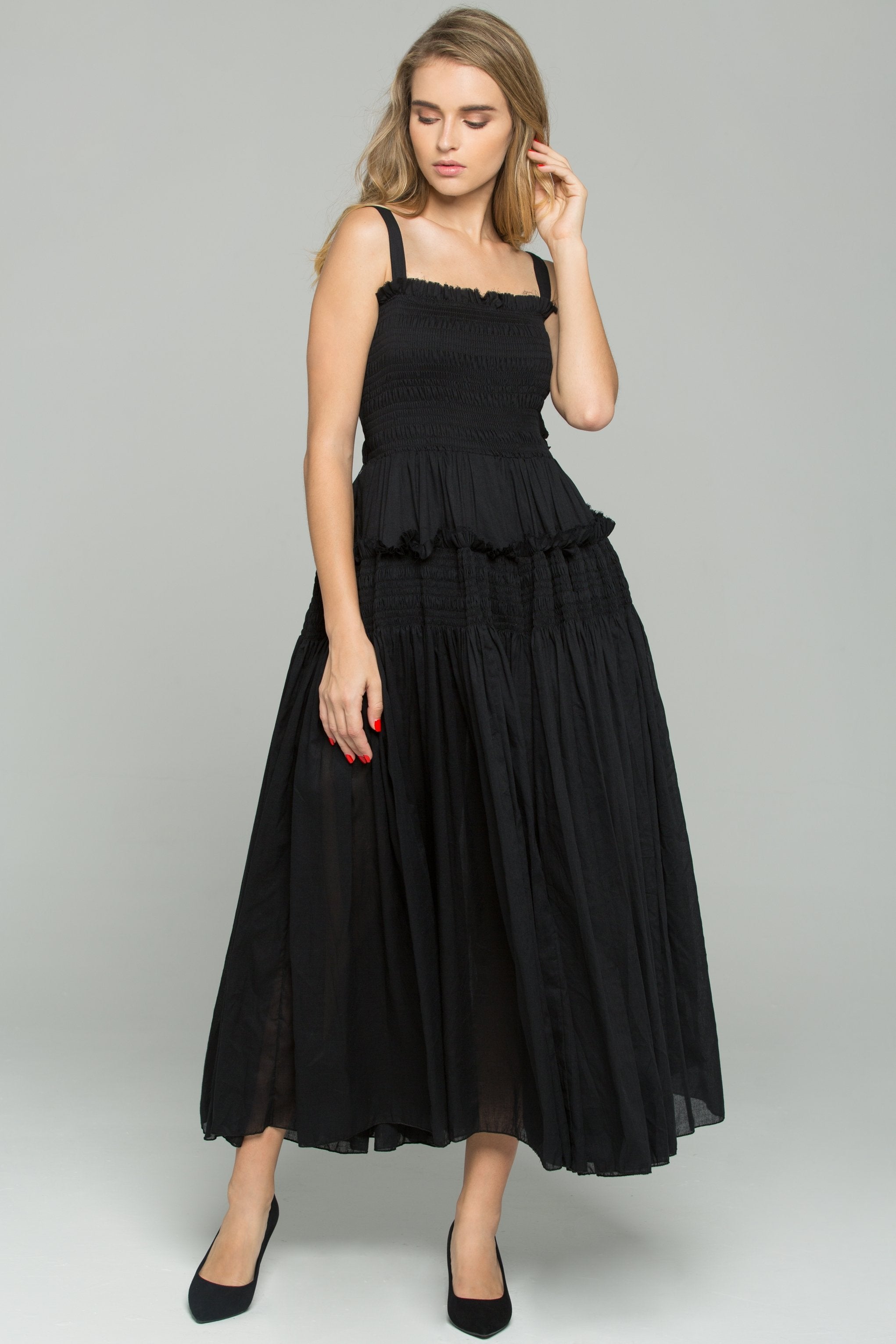 Black Cotton Ruched Pleat Sun Maxi Dress