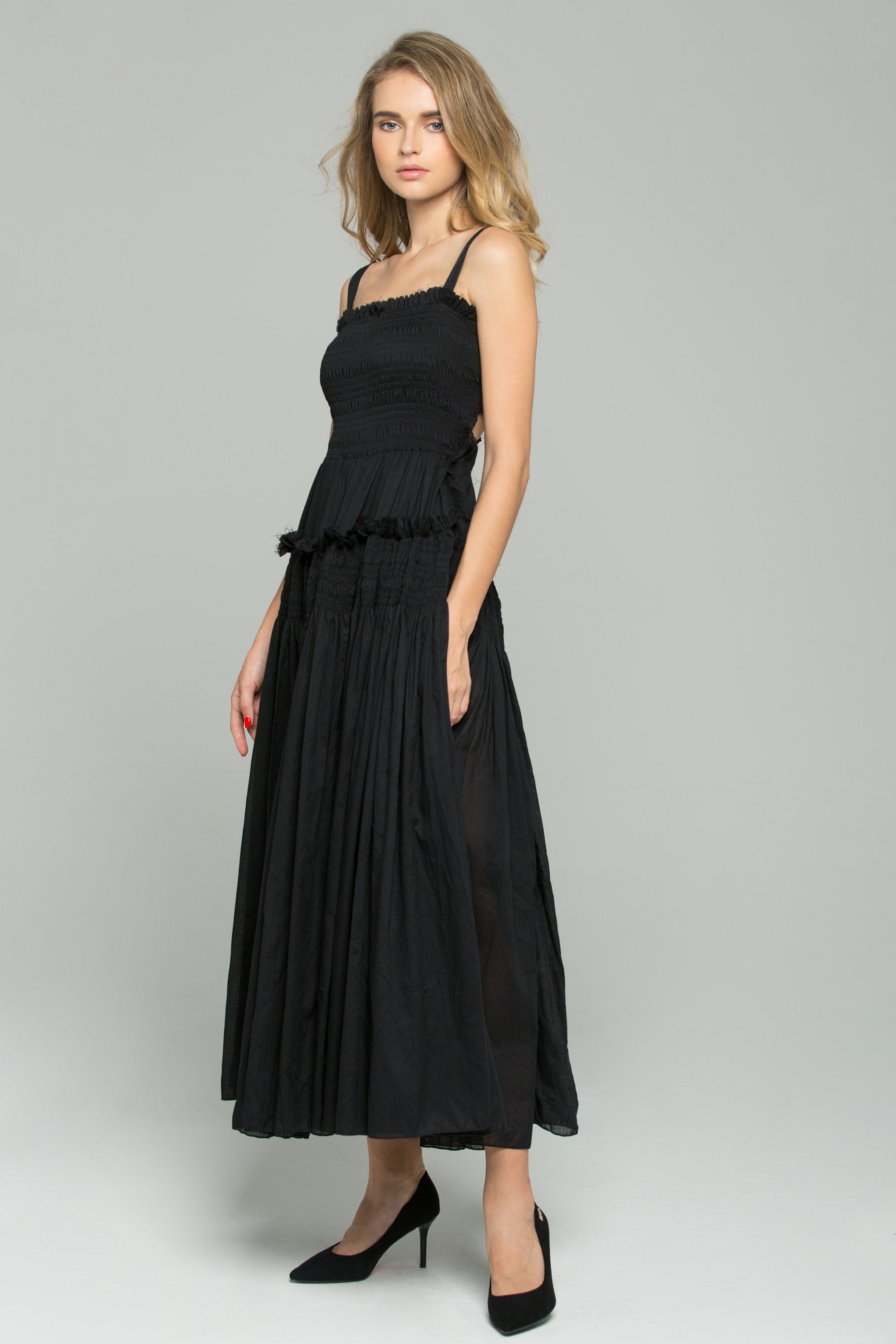 Black Cotton Ruched Pleat Sun Maxi Dress