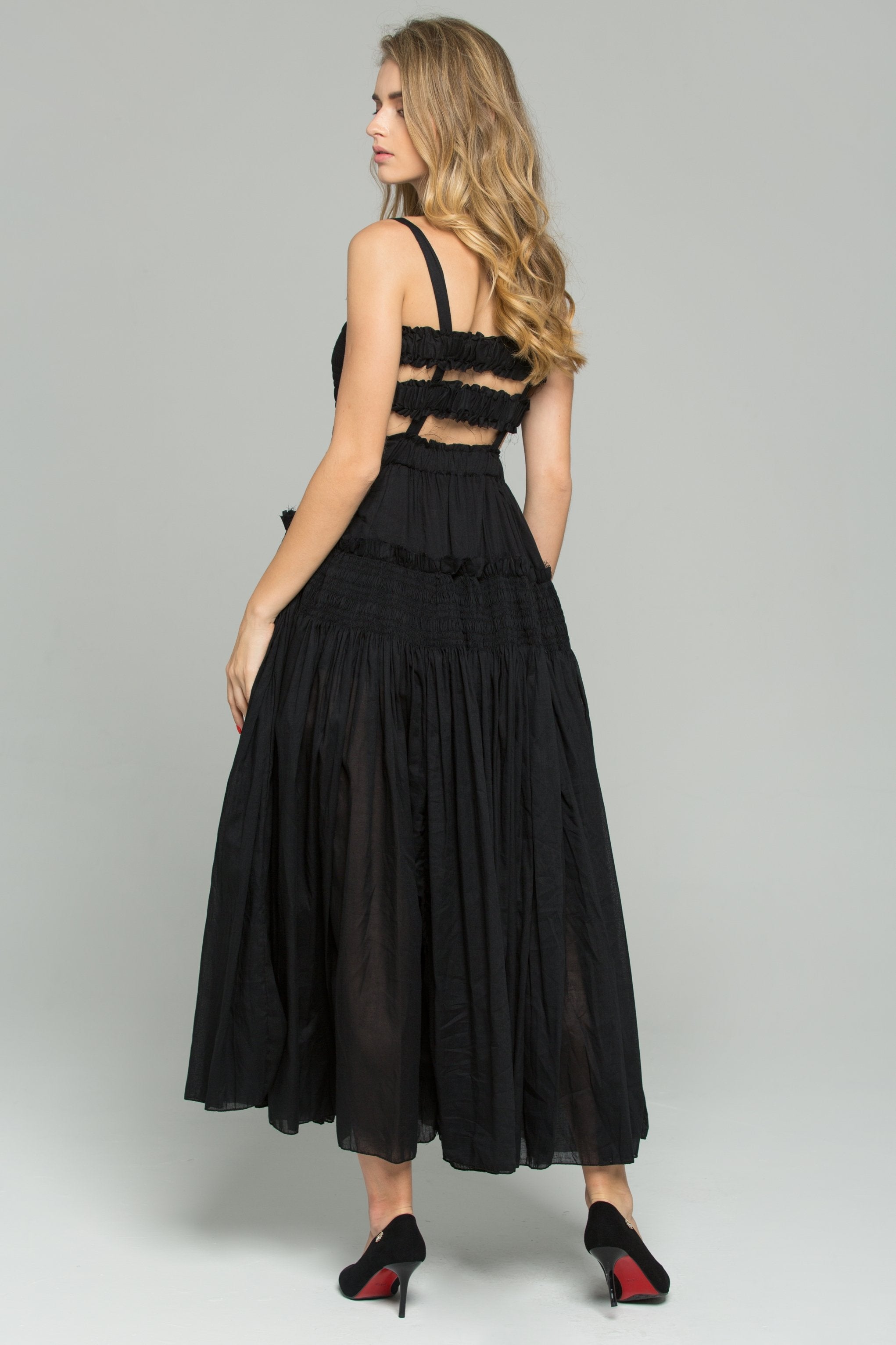 Black Cotton Ruched Pleat Sun Maxi Dress