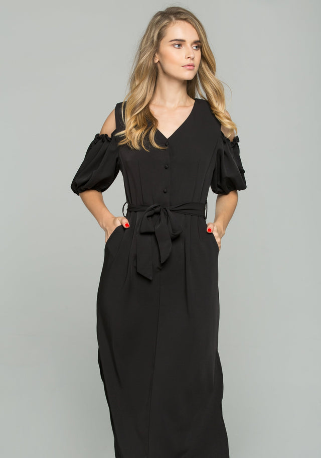 Black Cotton V-Neck Cold Shoulder Cinched Midi Dress