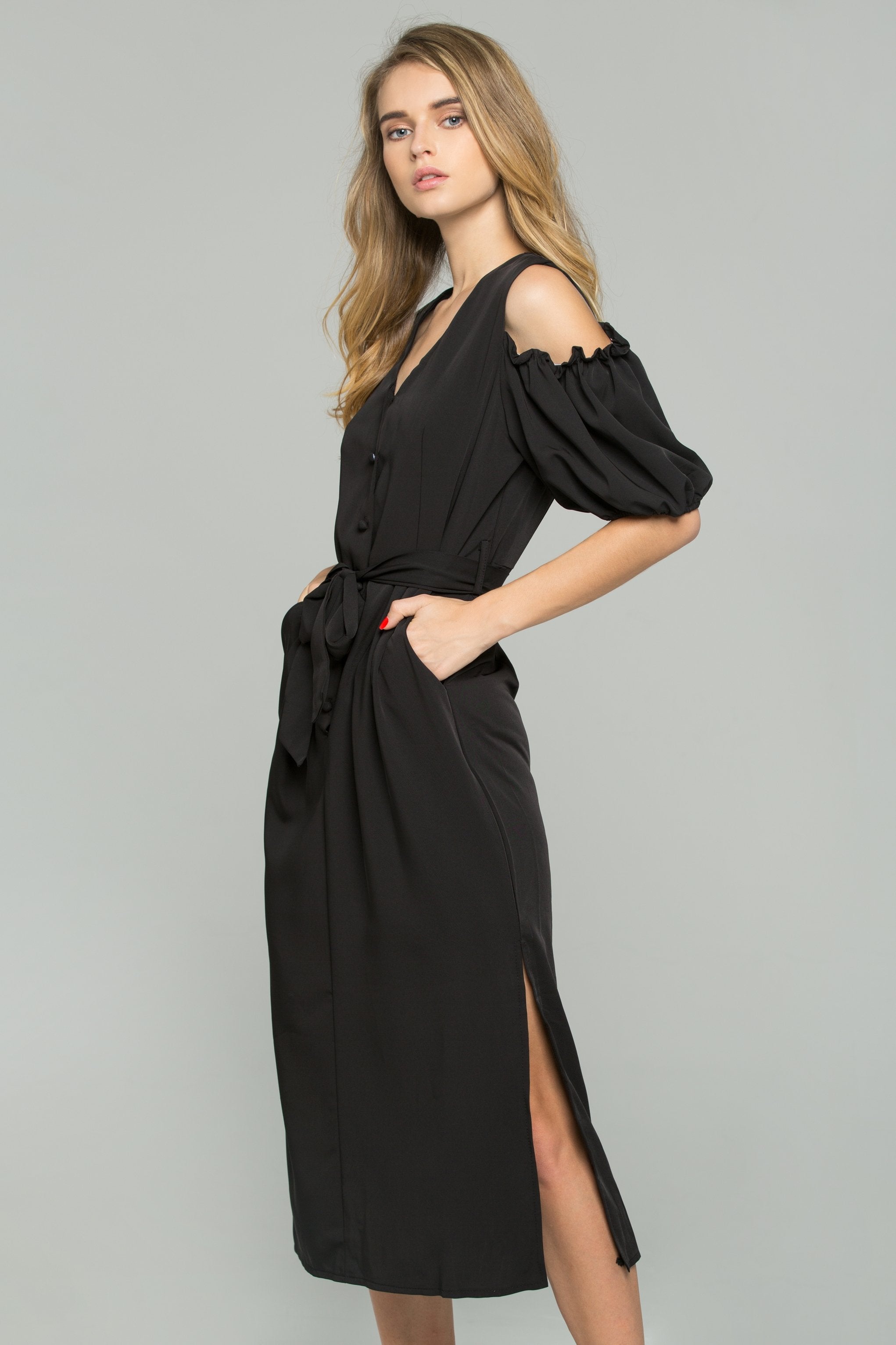 Black Cotton V-Neck Cold Shoulder Cinched Midi Dress