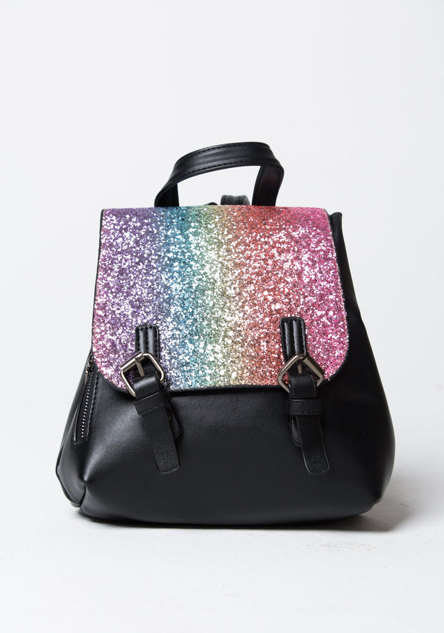 Black Faux Leather Rainbow  Shimmer Flap Backpack