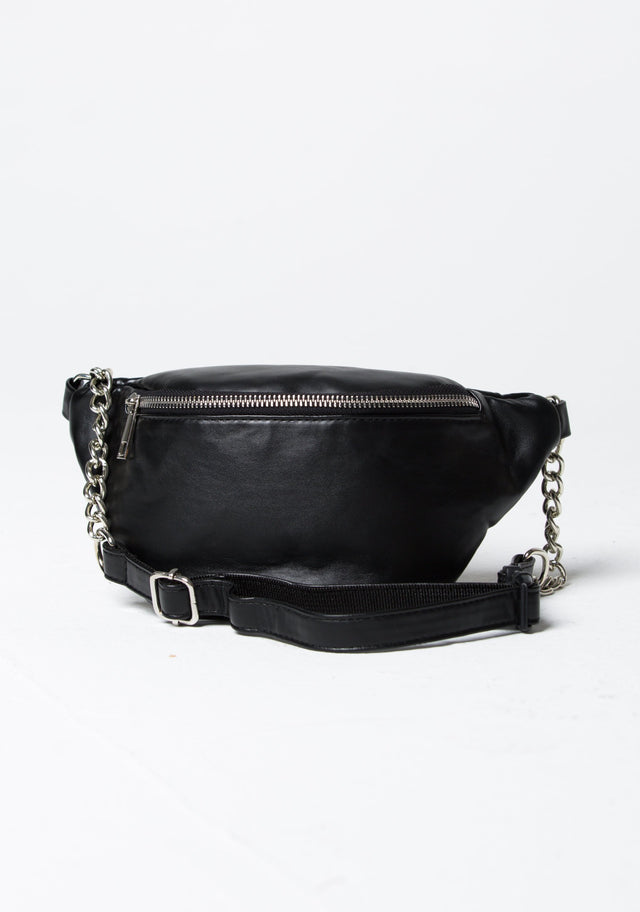 Black Faux Leather and Chain Detail Belt Bag