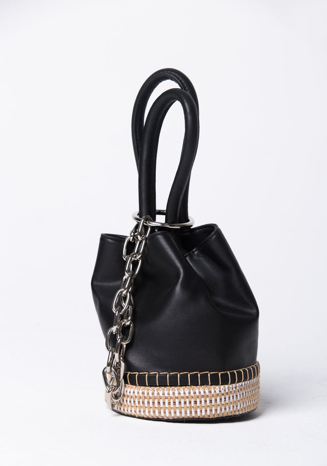Black Faux Leather and Weave Straw Bucket Handbag