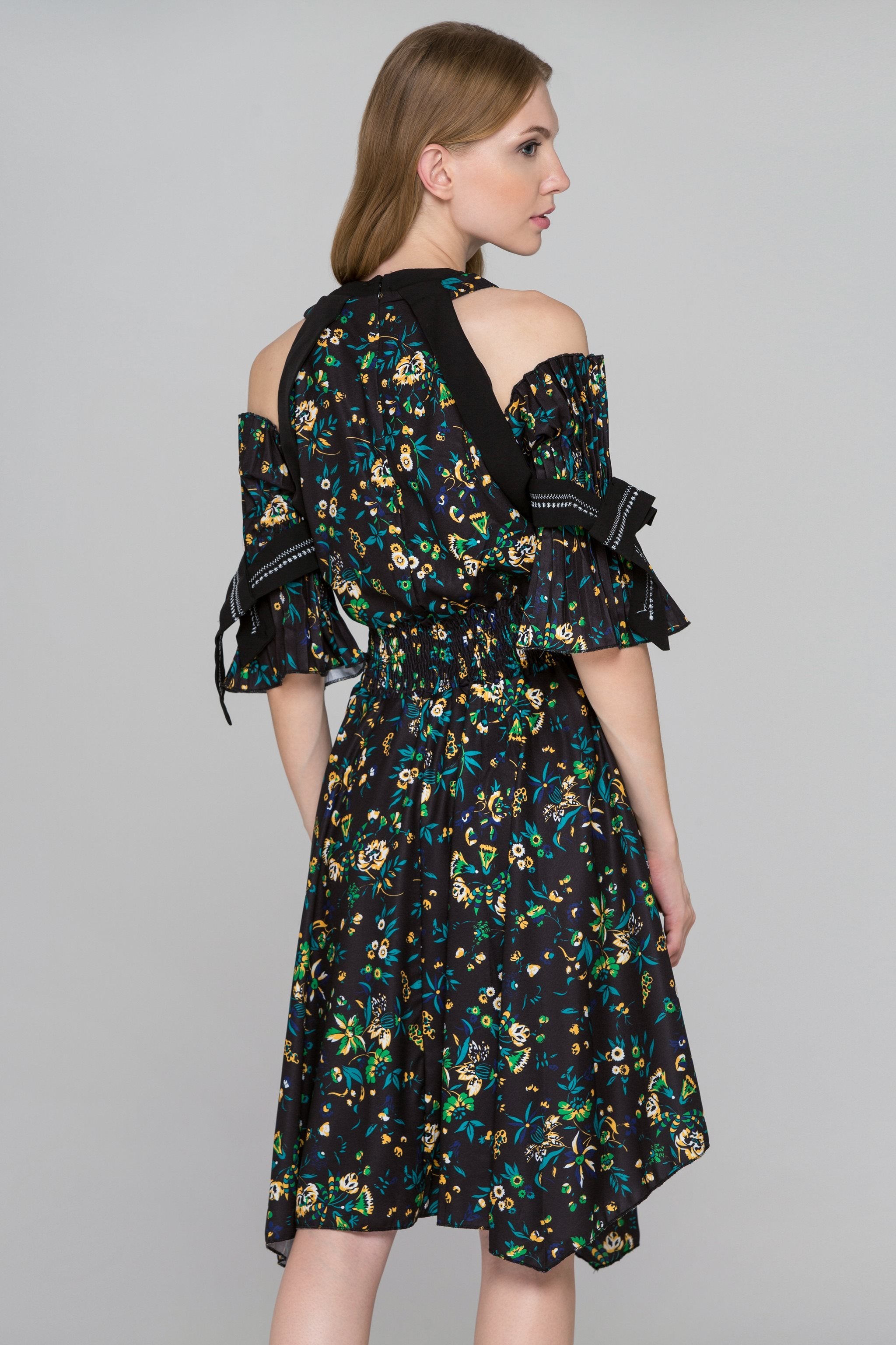Black Floral Print Pleated Sleeves Cold Shoulder Midi Dress