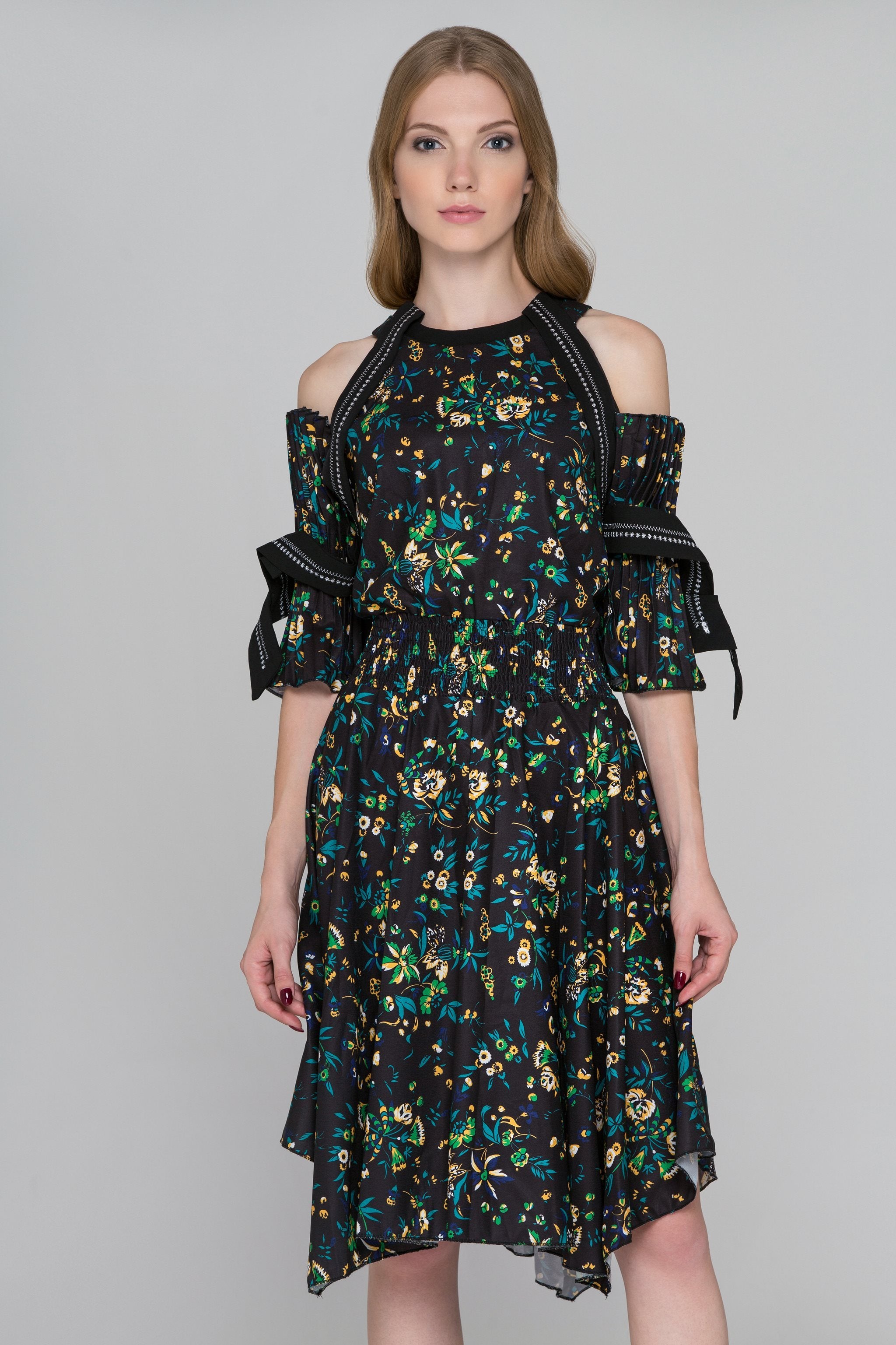 Black Floral Print Pleated Sleeves Cold Shoulder Midi Dress