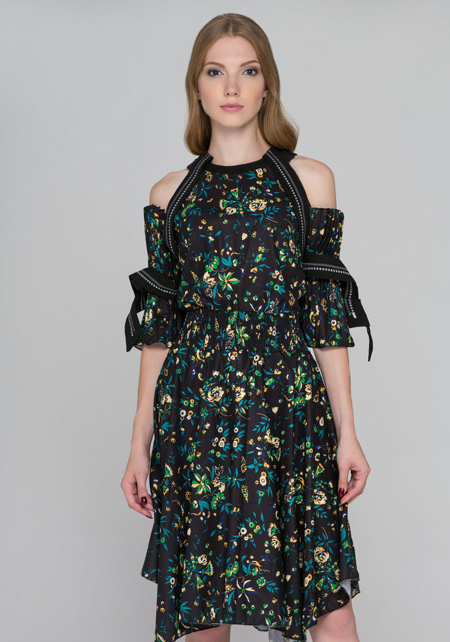 Black Floral Print Pleated Sleeves Cold Shoulder Midi Dress
