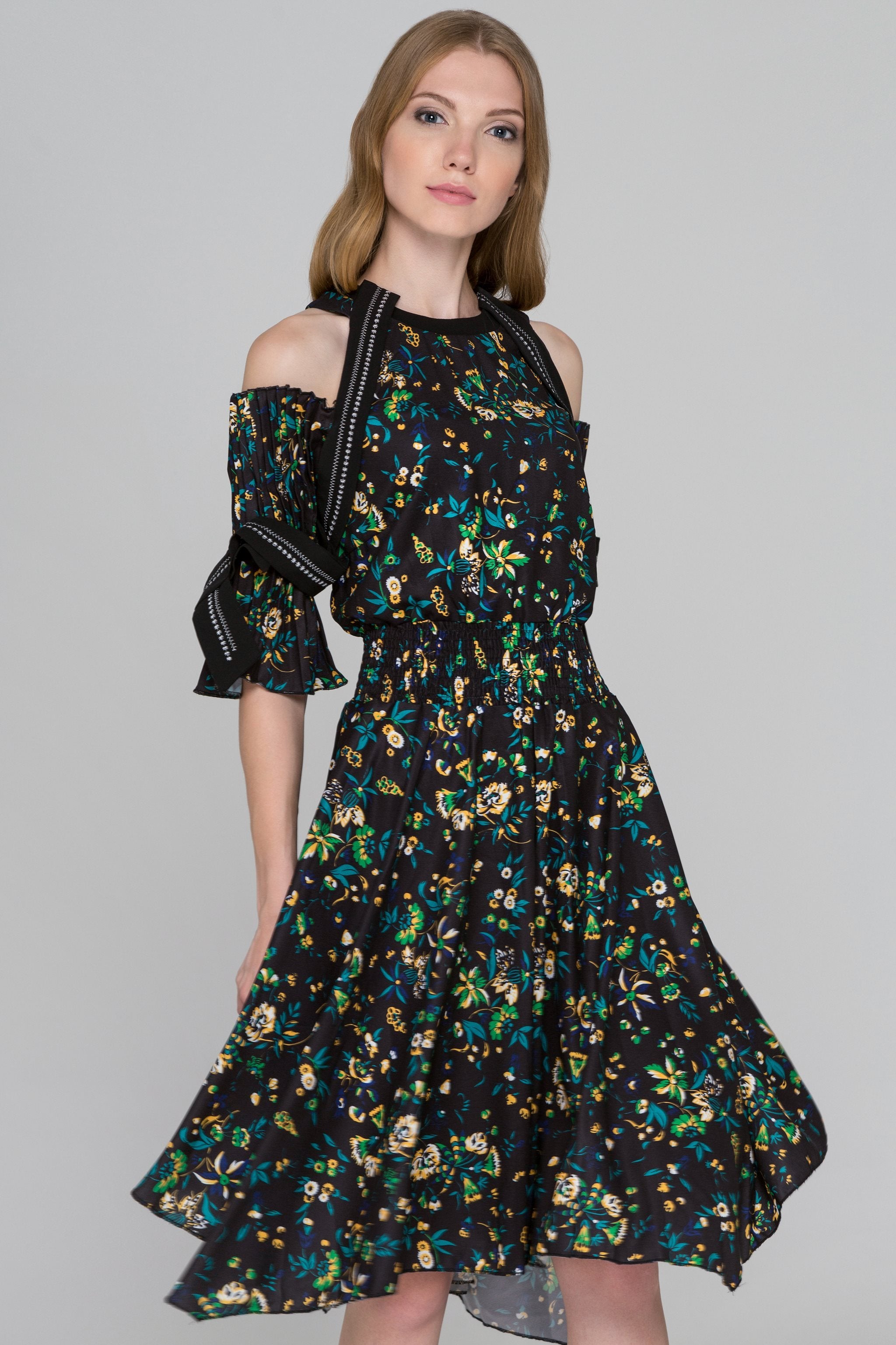 Black Floral Print Pleated Sleeves Cold Shoulder Midi Dress