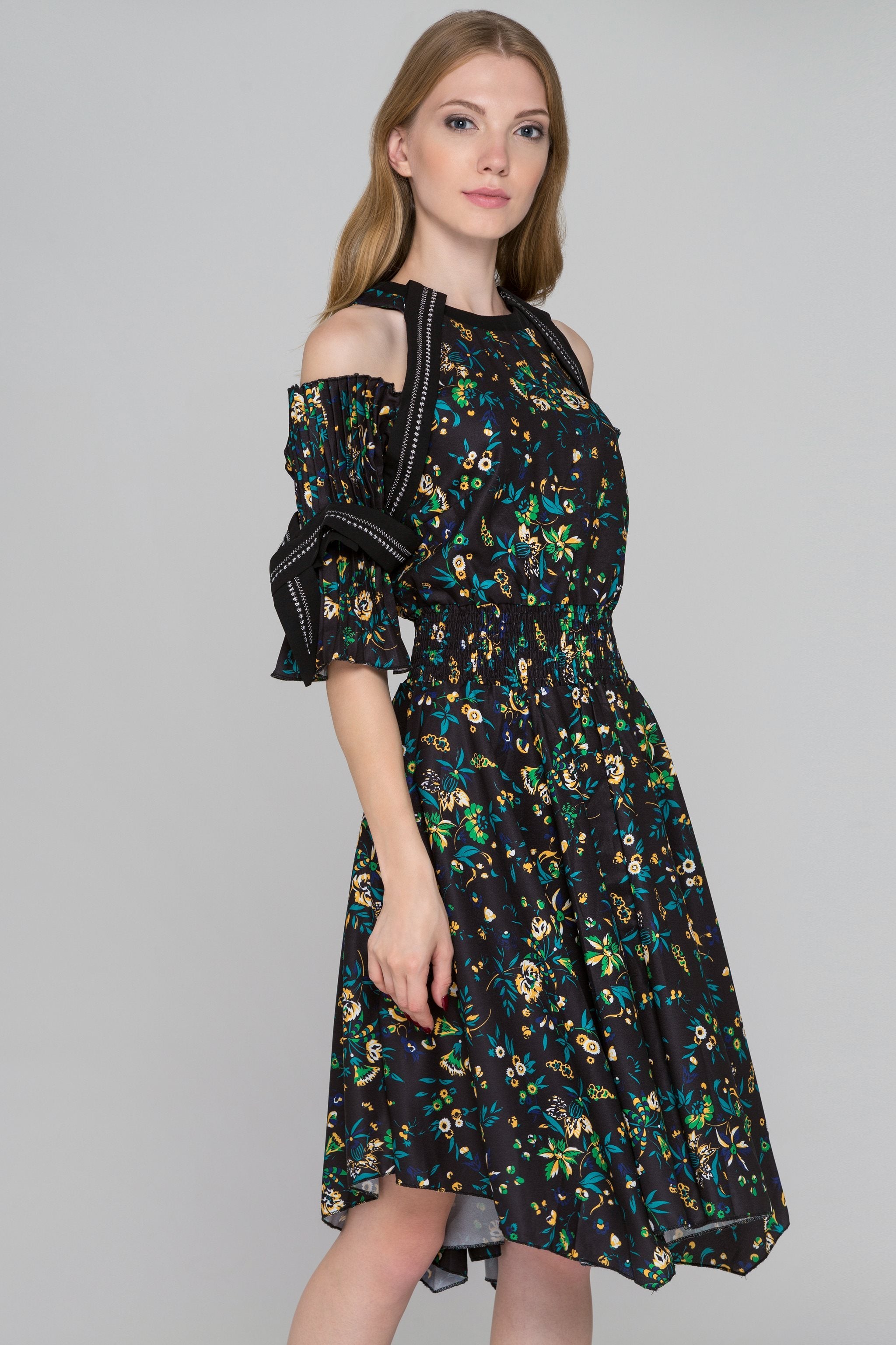 Black Floral Print Pleated Sleeves Cold Shoulder Midi Dress