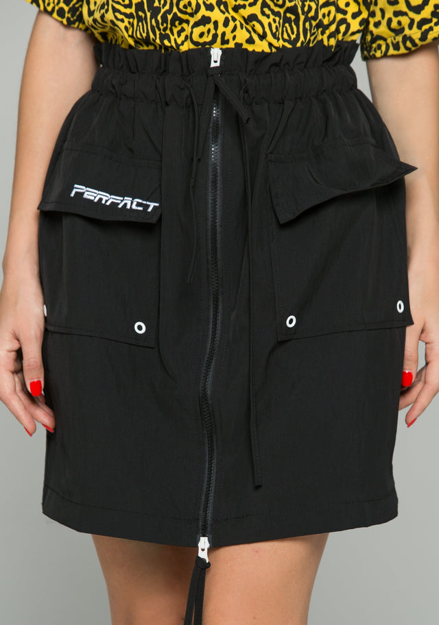 Black Fully Lined 2-Way Zip Pull String Waistband Skirt