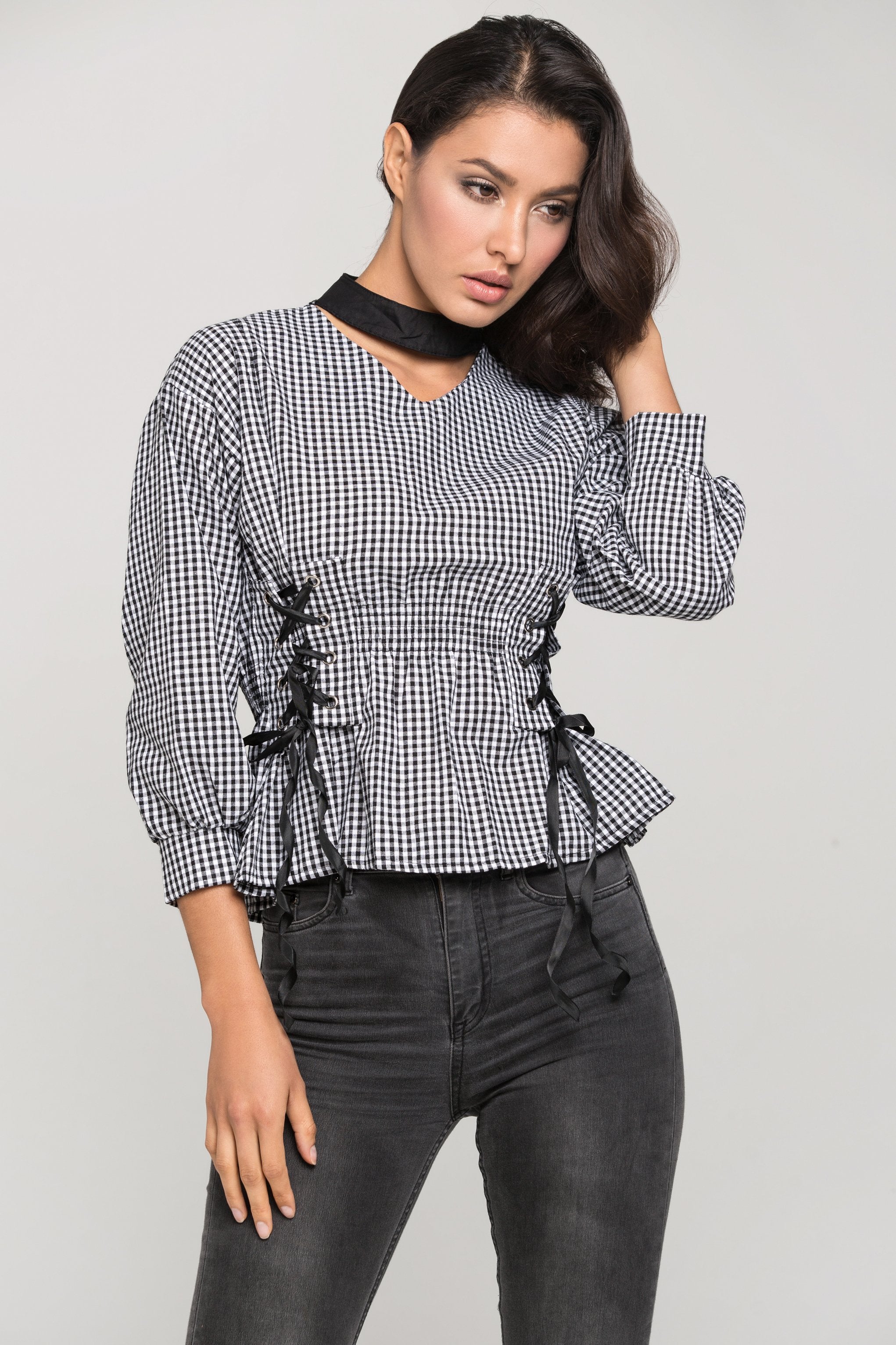 Black Gingham Double Corset Waist Top