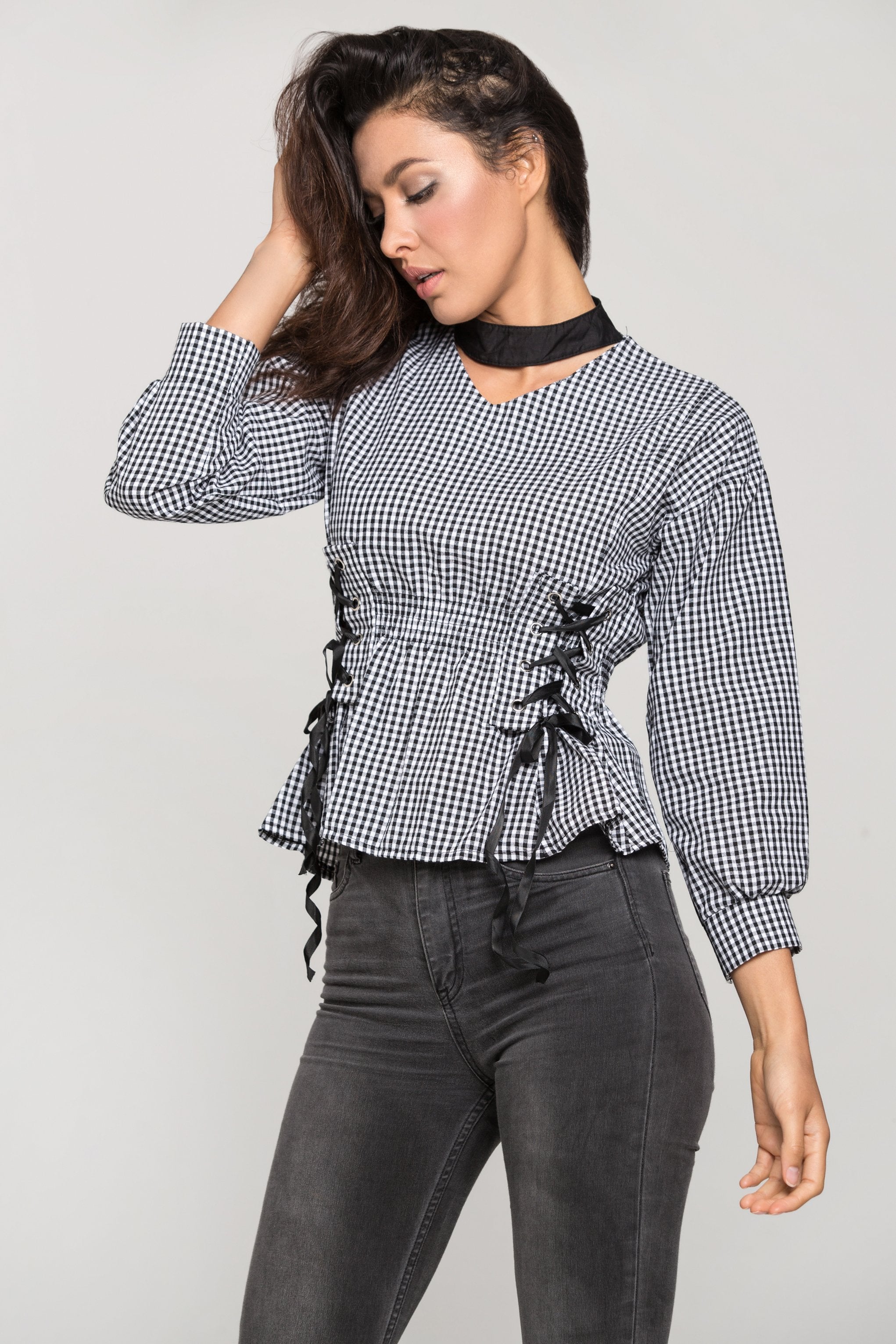 Black Gingham Double Corset Waist Top
