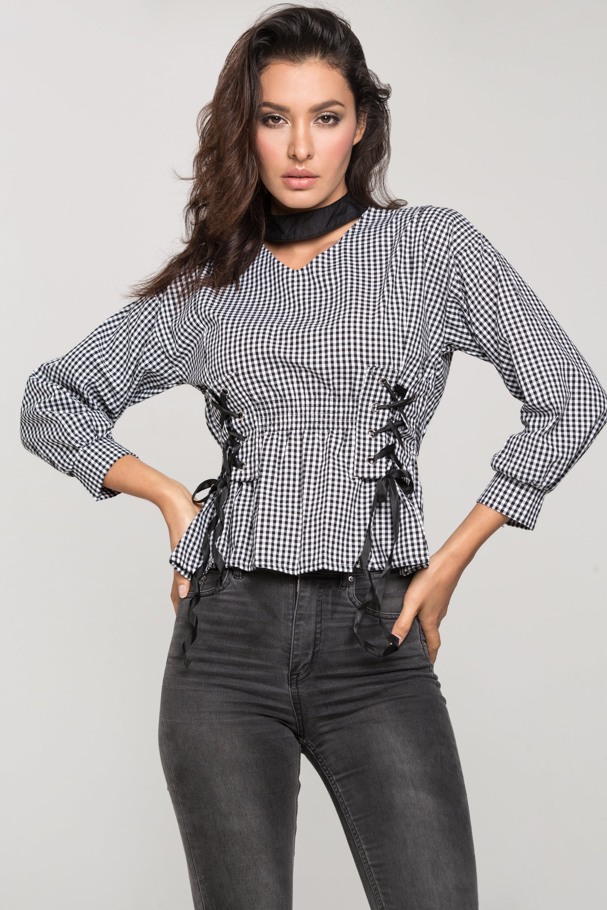 Black Gingham Double Corset Waist Top