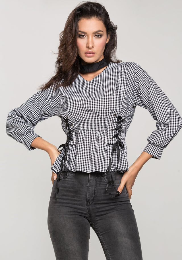 Black Gingham Double Corset Waist Top