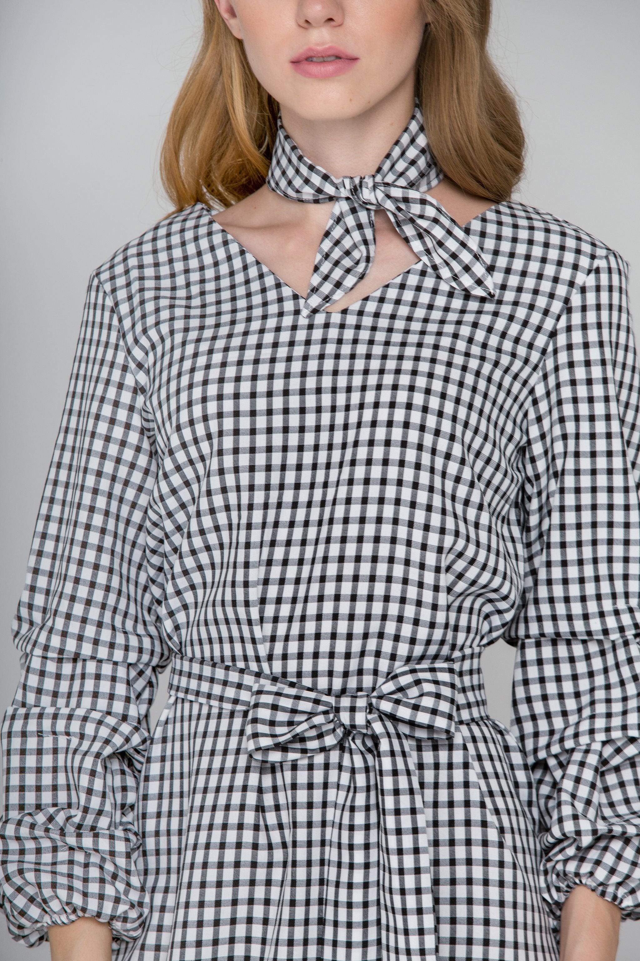 Black Gingham Puff Sleeves Midi Dress