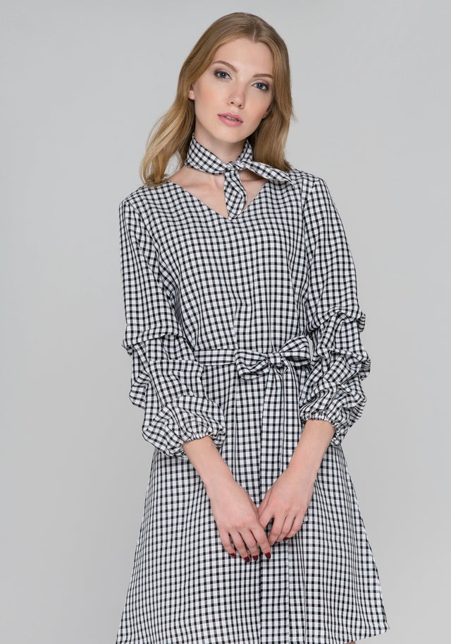 Black Gingham Puff Sleeves Midi Dress