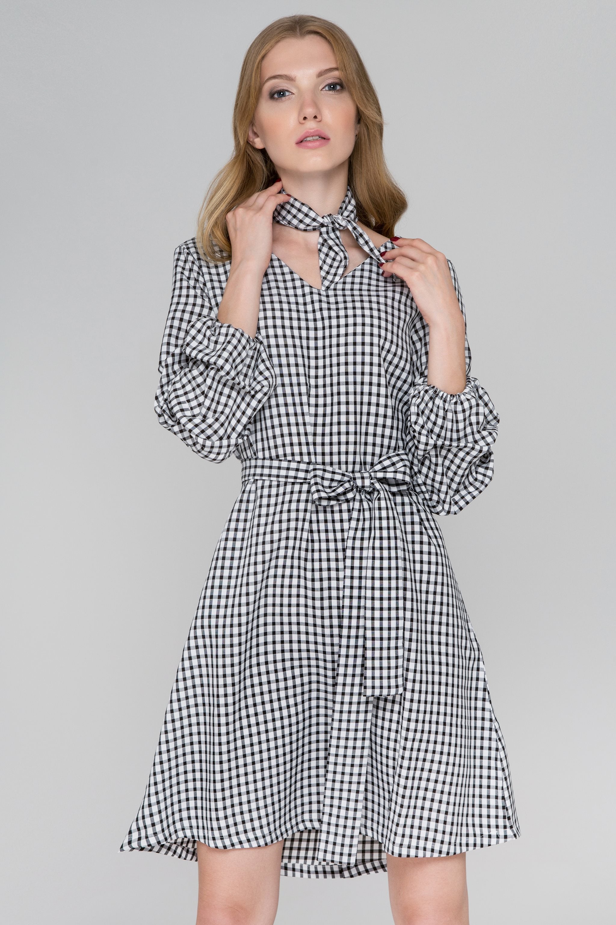 Black Gingham Puff Sleeves Midi Dress
