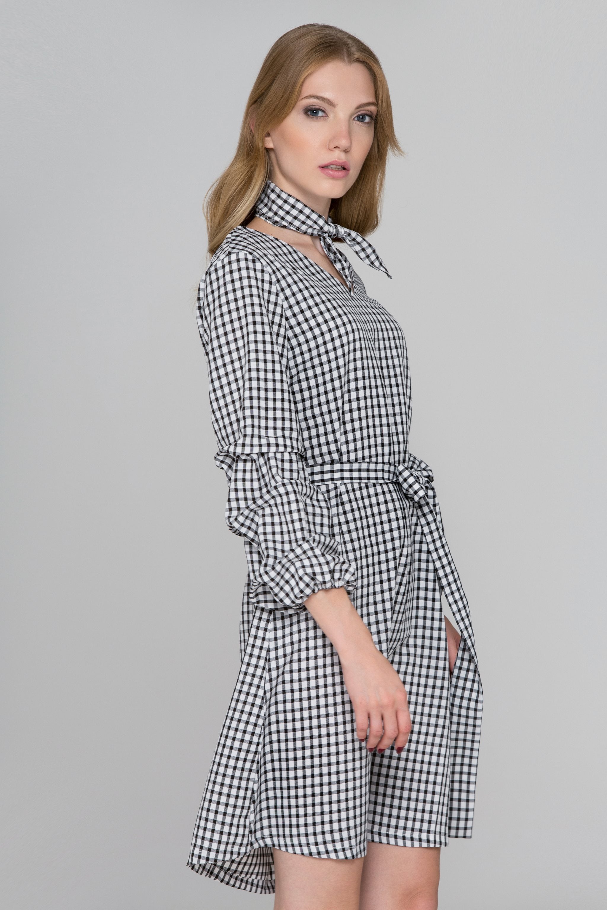 Black Gingham Puff Sleeves Midi Dress