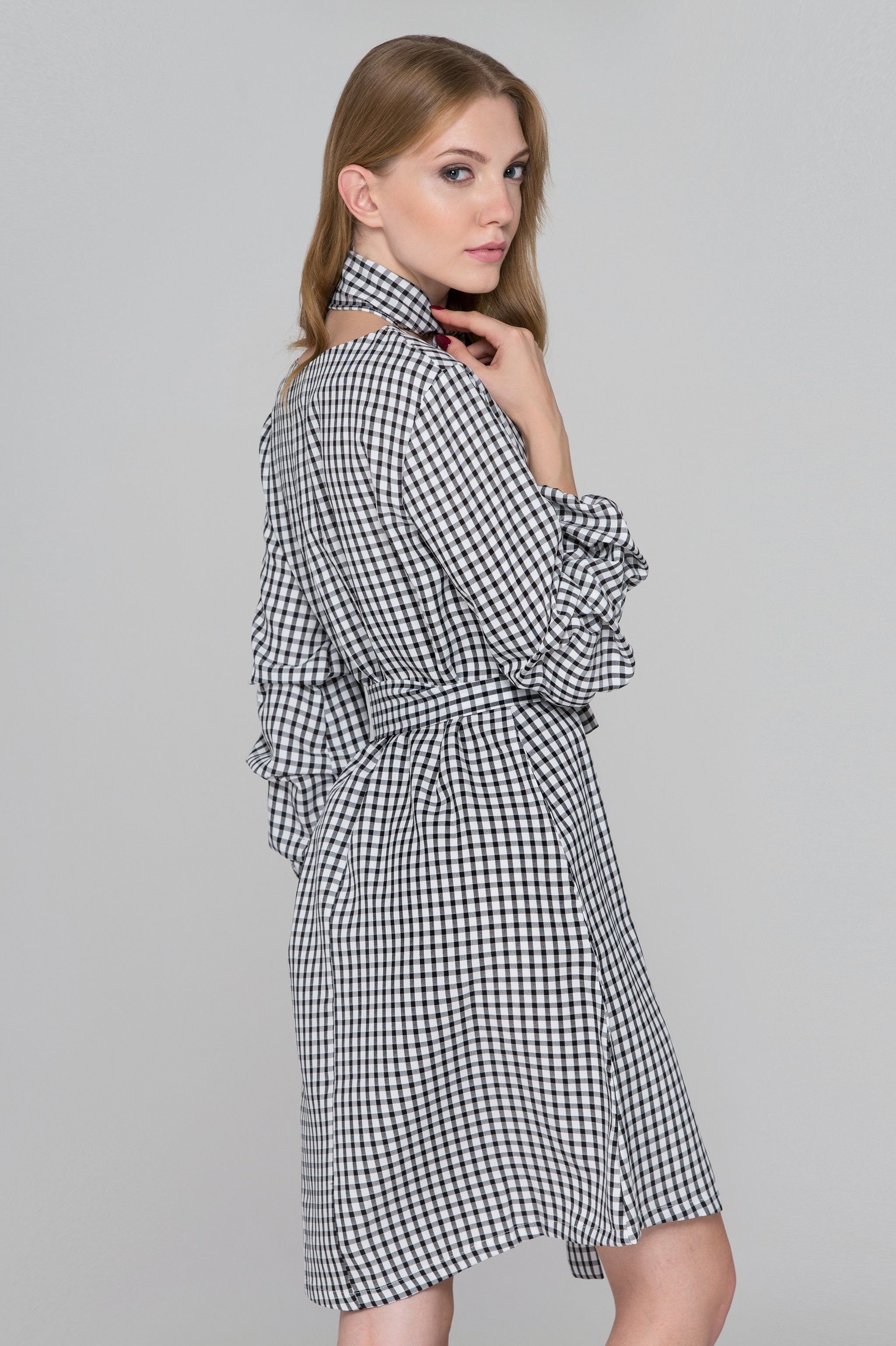 Black Gingham Puff Sleeves Midi Dress