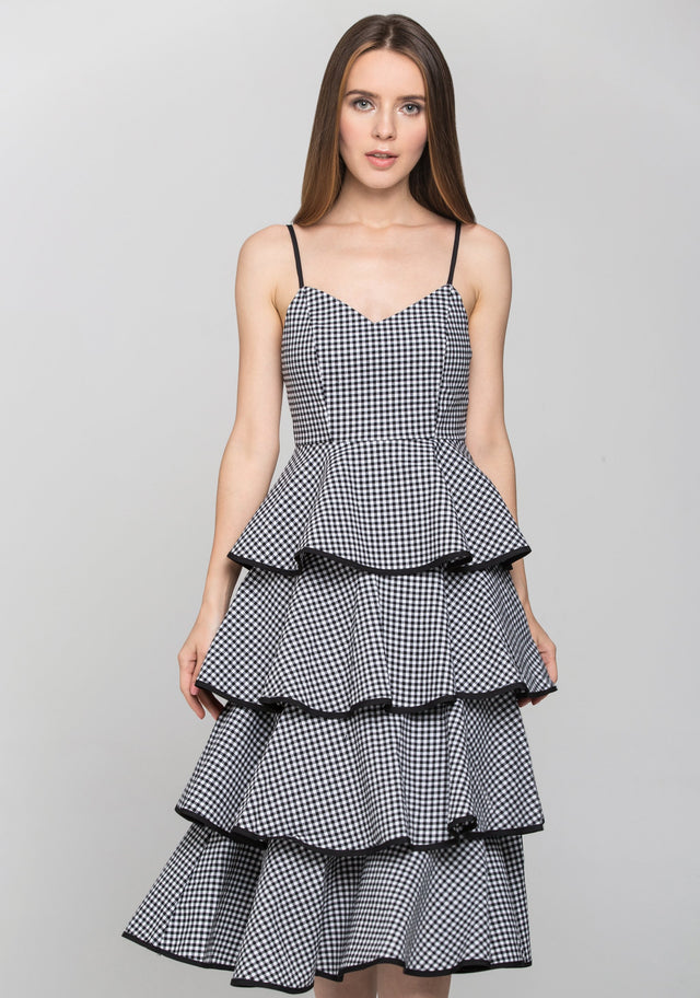 Black Gingham Tiered Skirt Midi Dress