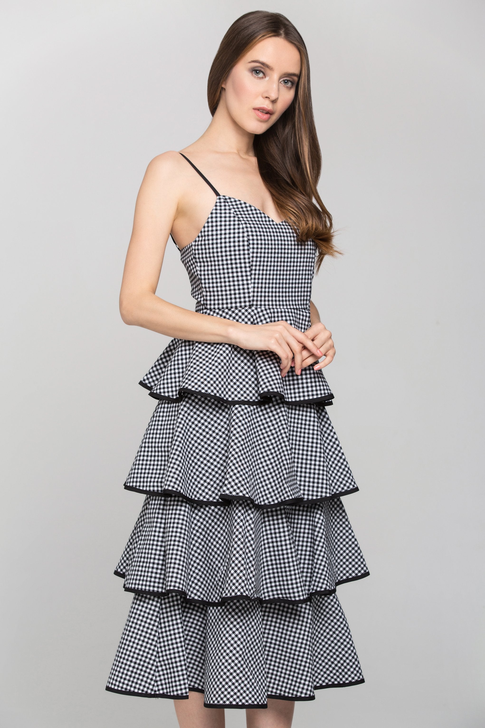 Black Gingham Tiered Skirt Midi Dress