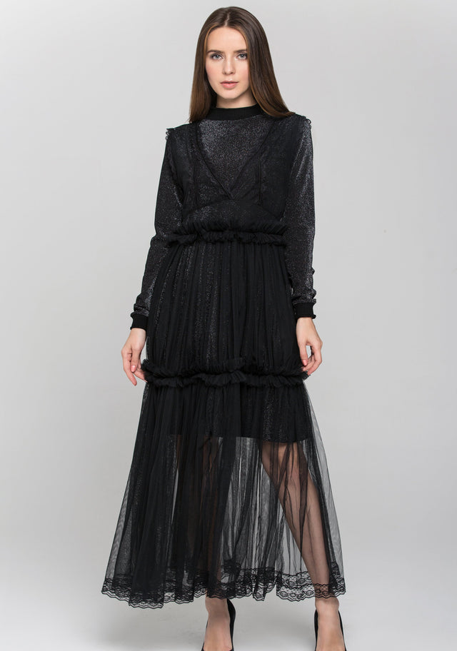 Black Glitter Lace Tiered Soft Tulle Midi Dress