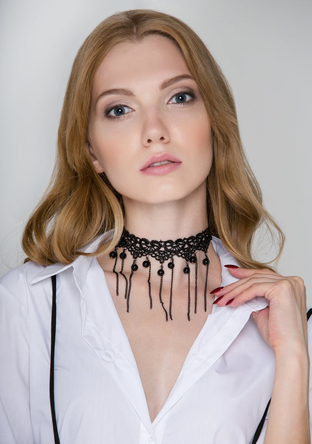 Black Lace Bead Tassel Choker Necklace