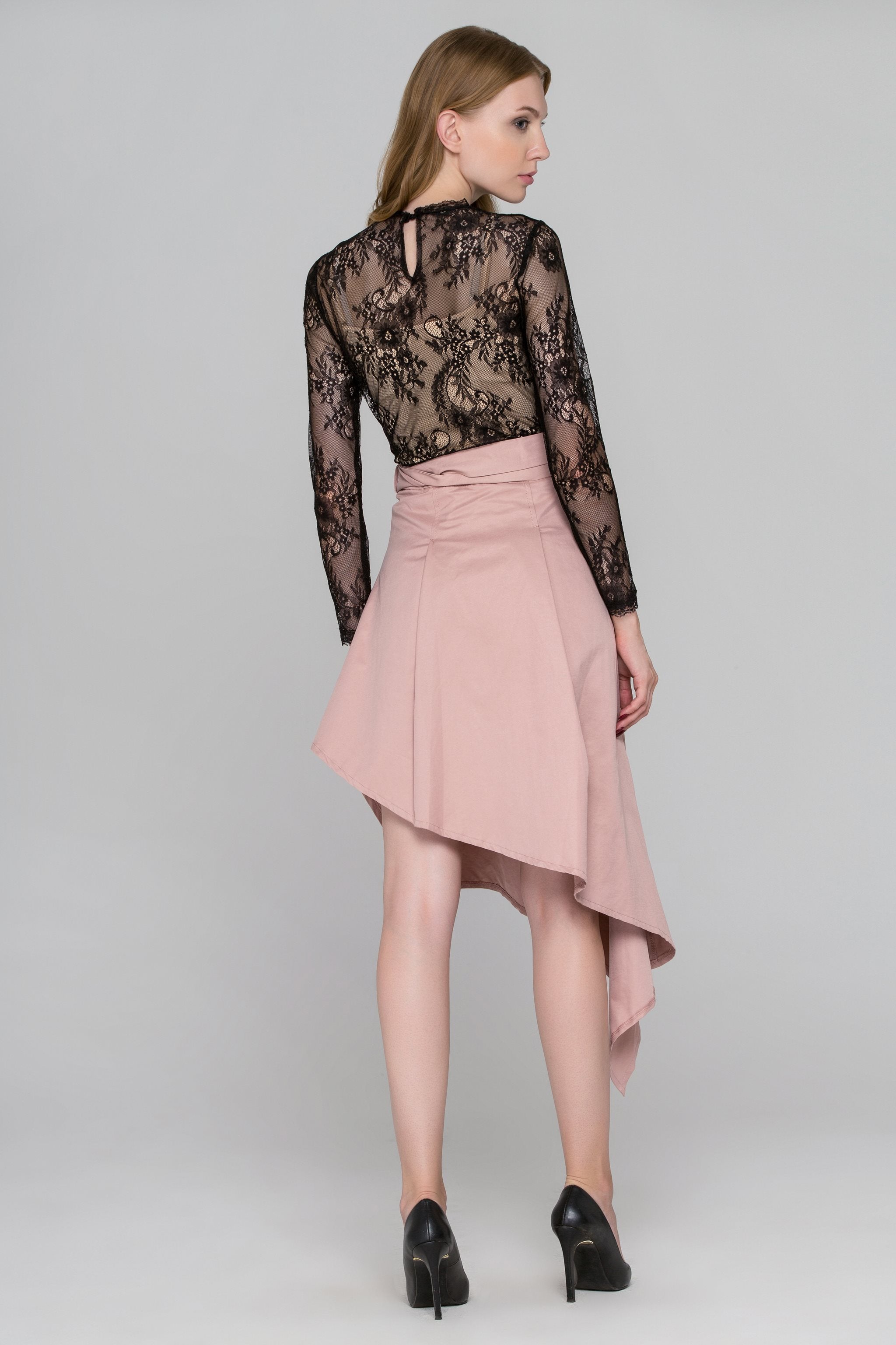 Black Lace Blush Asymmetric Skirt Dress Set