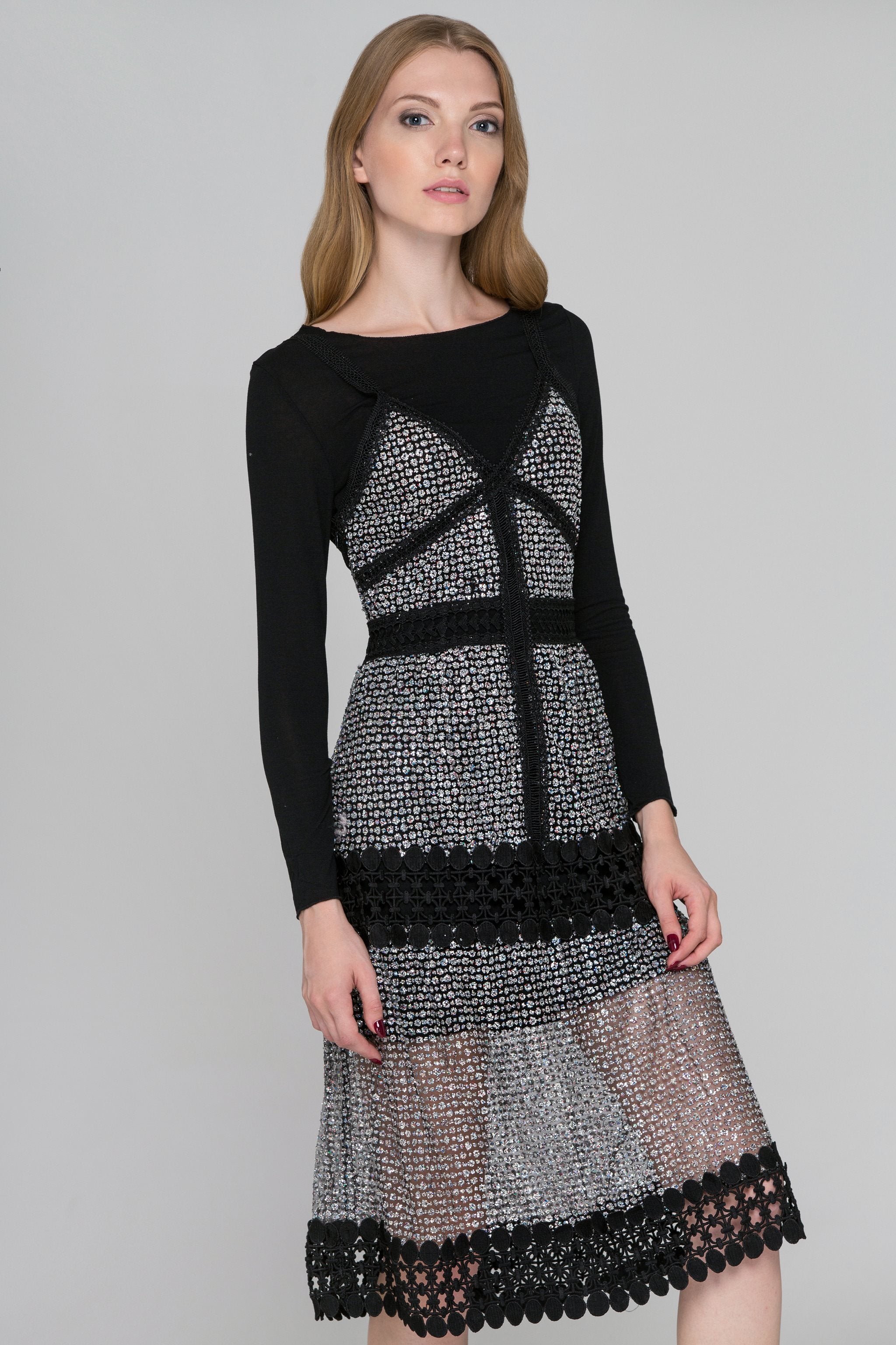 Black Lace Glittered Two-Piece Dress