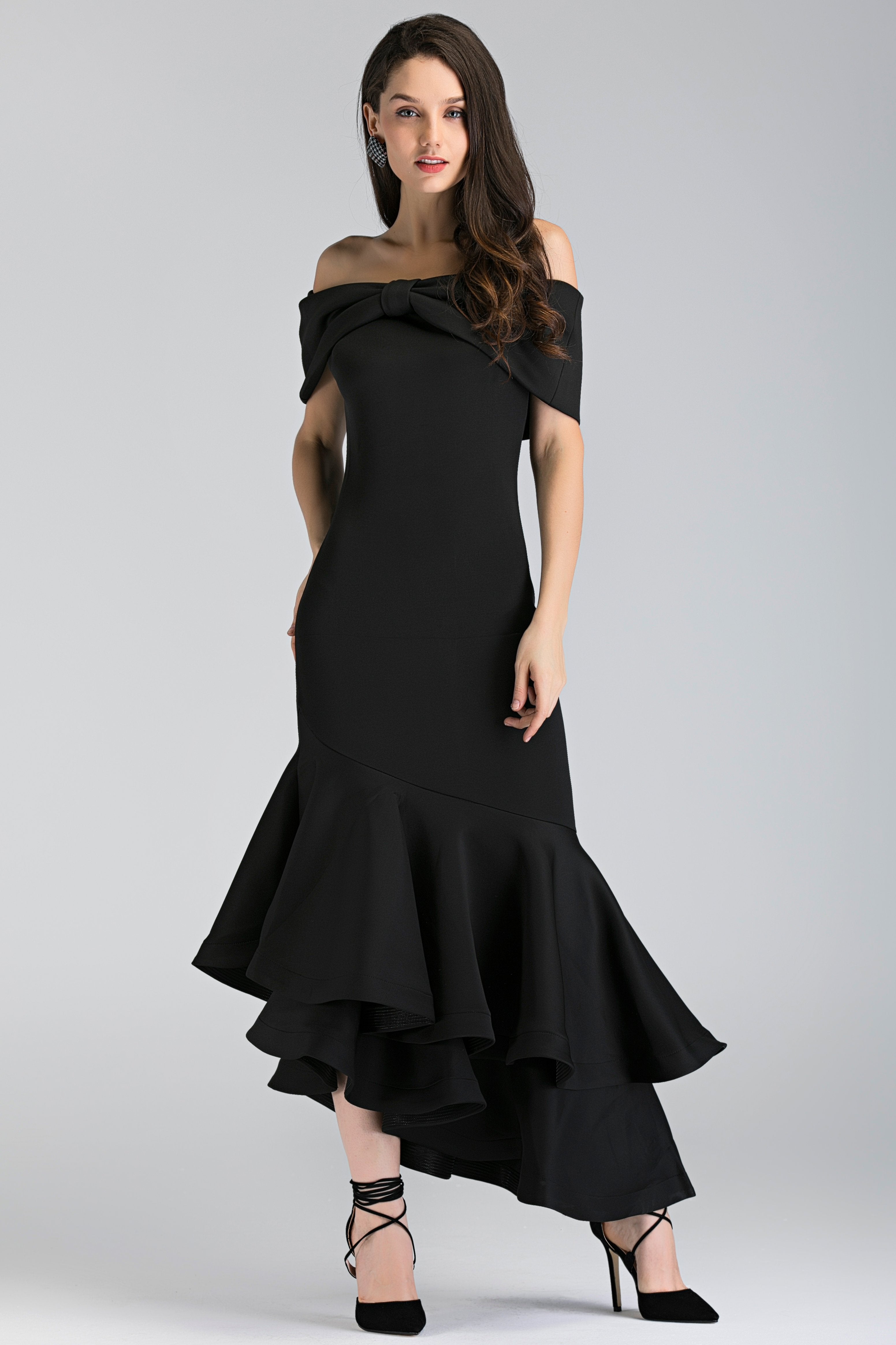 Black Magnolia Off the Shoulder Mermaid Maxi Dress