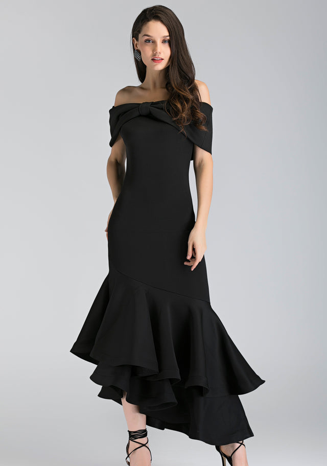 Black Magnolia Off the Shoulder Mermaid Maxi Dress